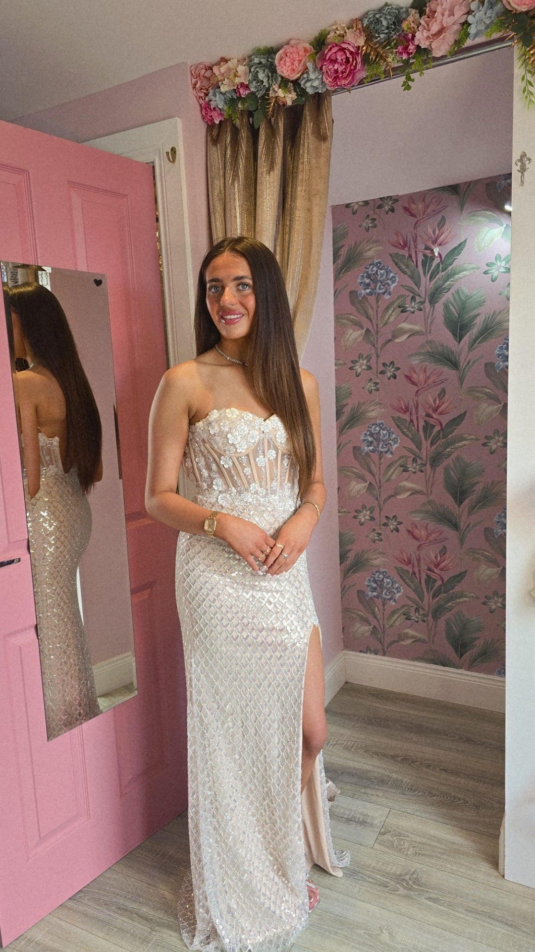 Chloe Champagne Beaded And Sequin All Over Flower Detail Corset Formal Prom Dress