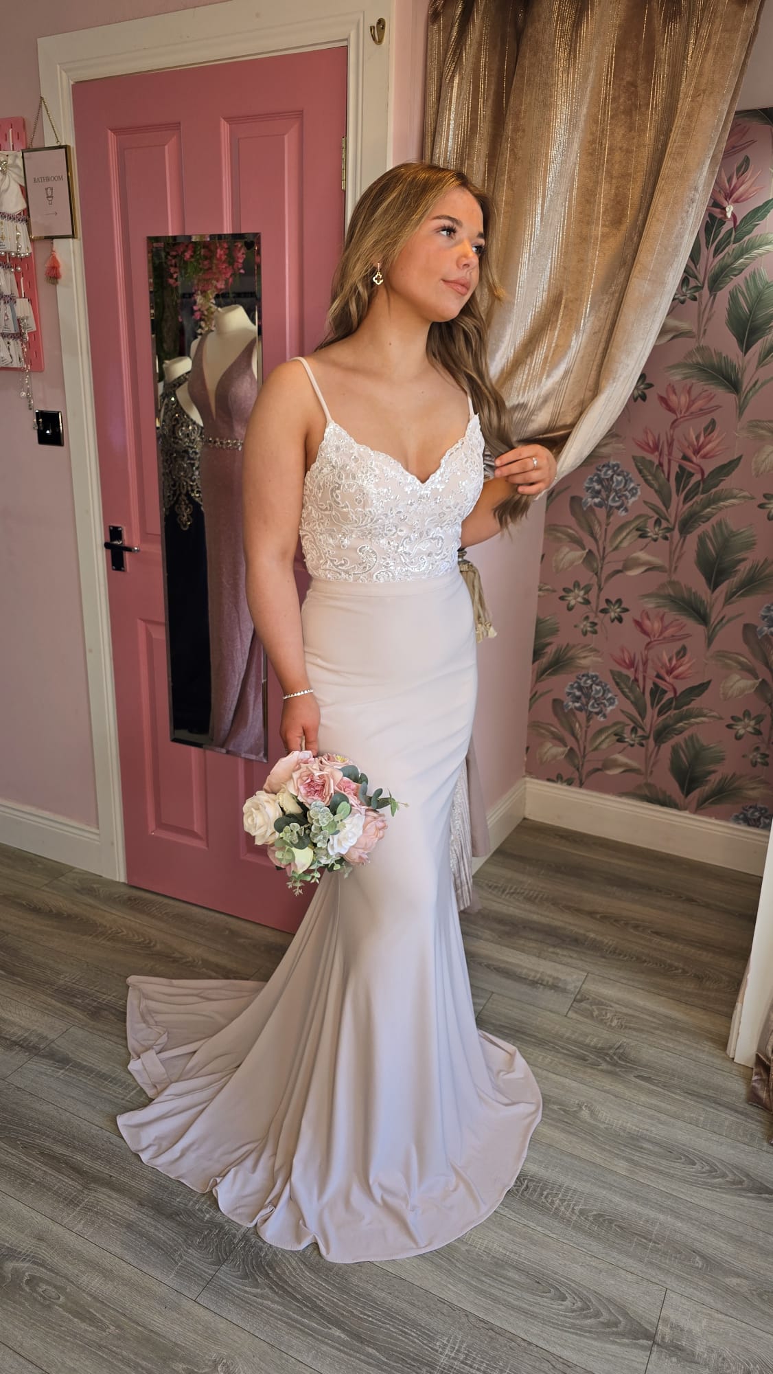 Ivory and Champagne Laced Detail Bodice Open Back Used For Photoshoot Sample Bridesmaid Dress