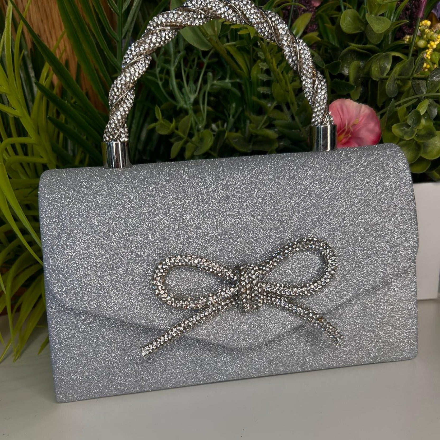 Eva Silver Crystal Bow Detail Clutch Handbag