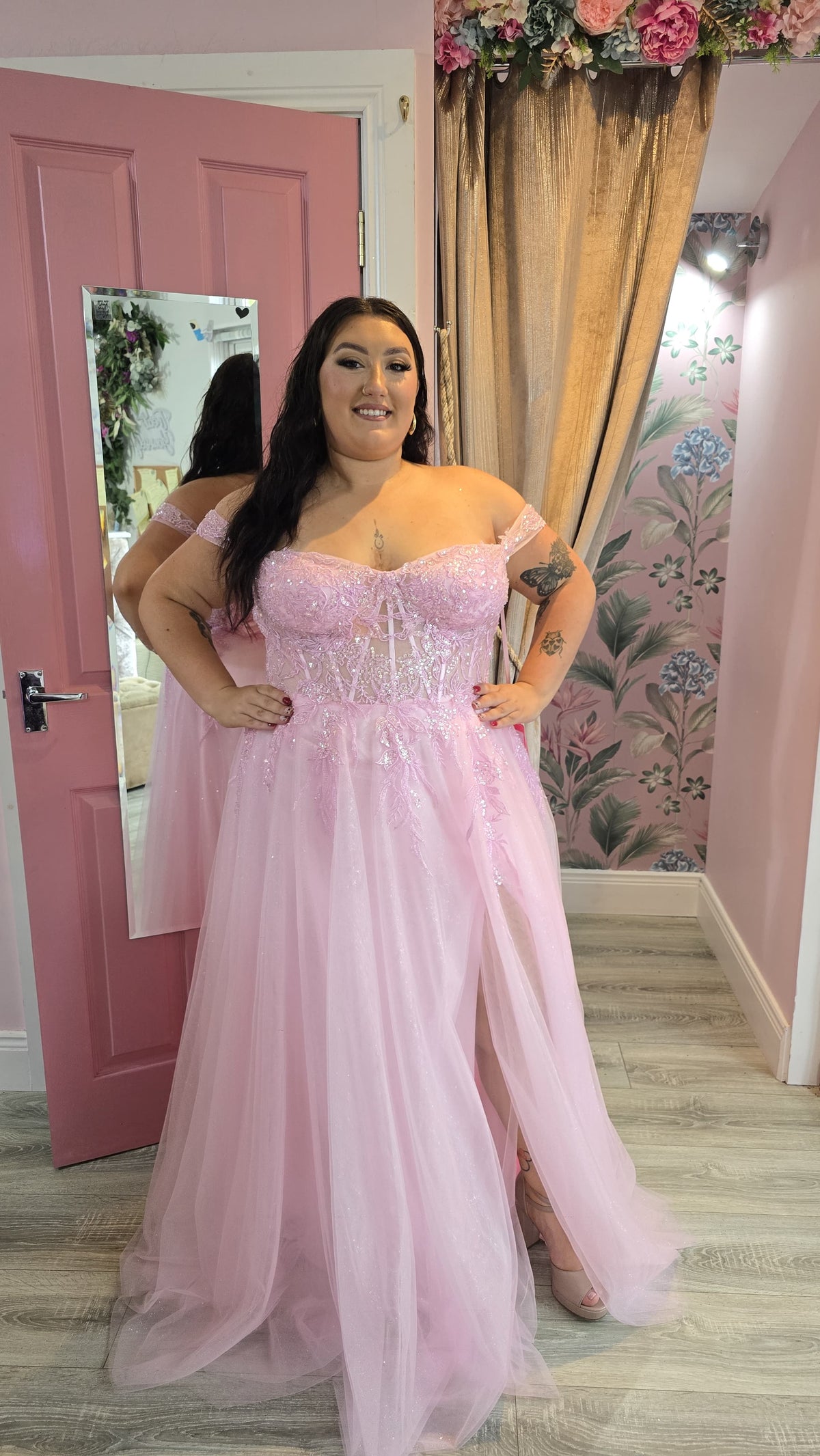 Isla Pink Off The Shoulder Strap Fitted Embellished Bodice Ballgown Formal Prom Dress Ball Gown