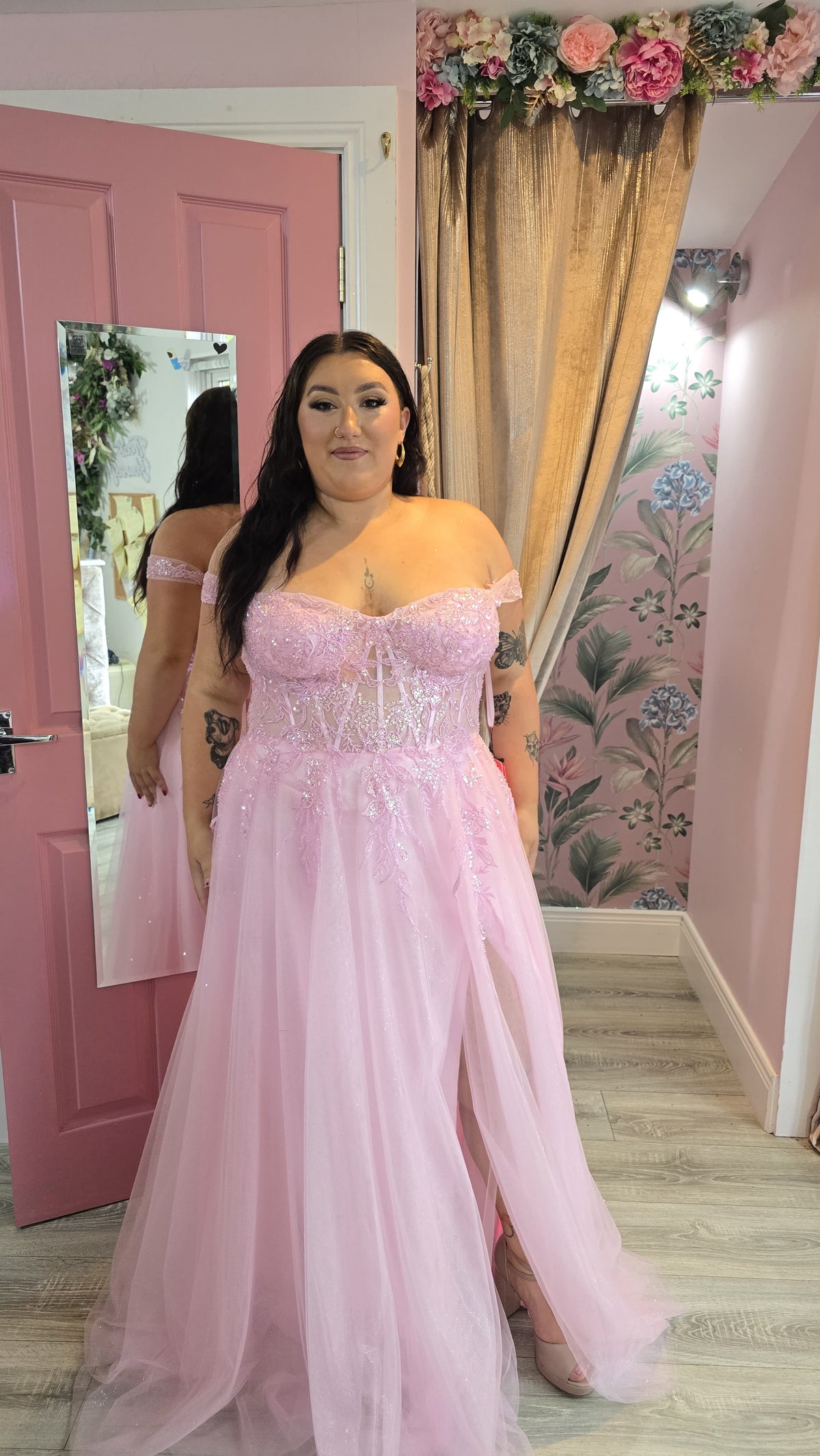 Isla Pink Off The Shoulder Strap Fitted Embellished Bodice Ballgown Formal Prom Dress Ball Gown