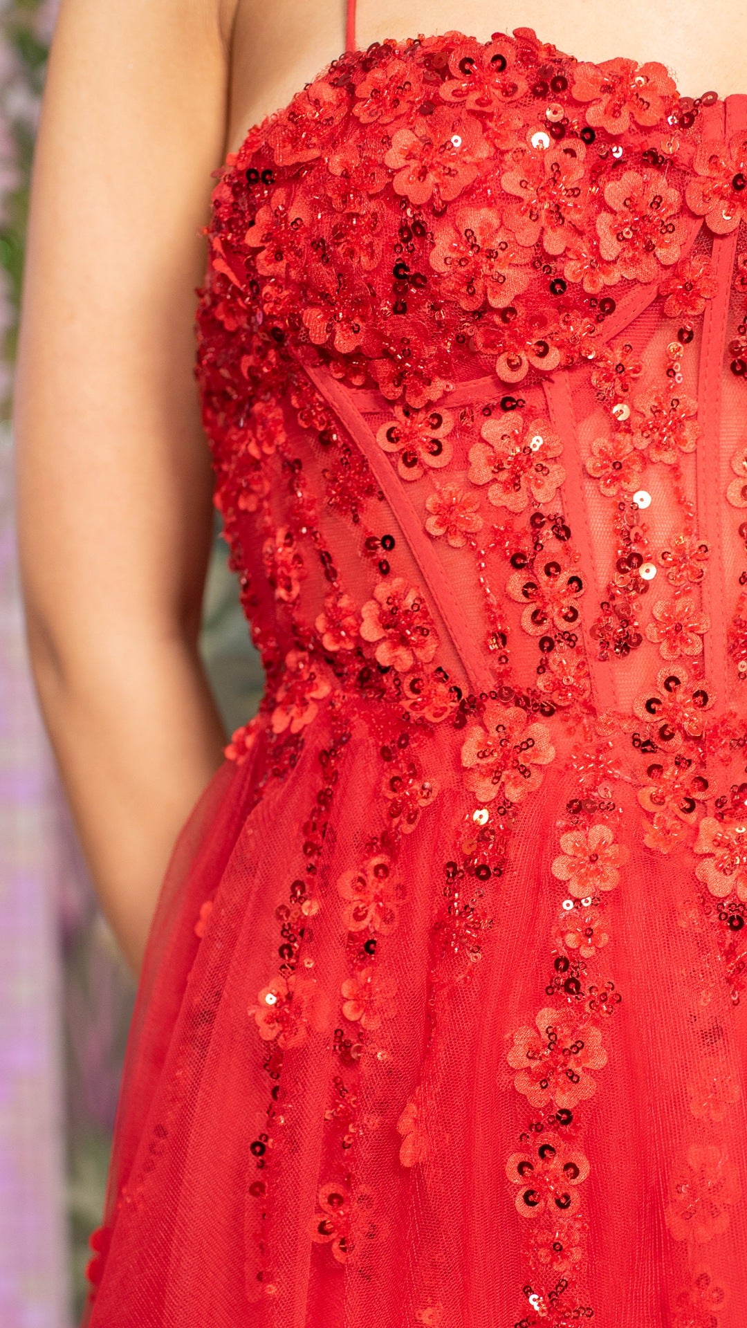 Layla Red Skinny Strap Leg Split Flower Bodice Ballgown Formal Prom Dress Ball Gown