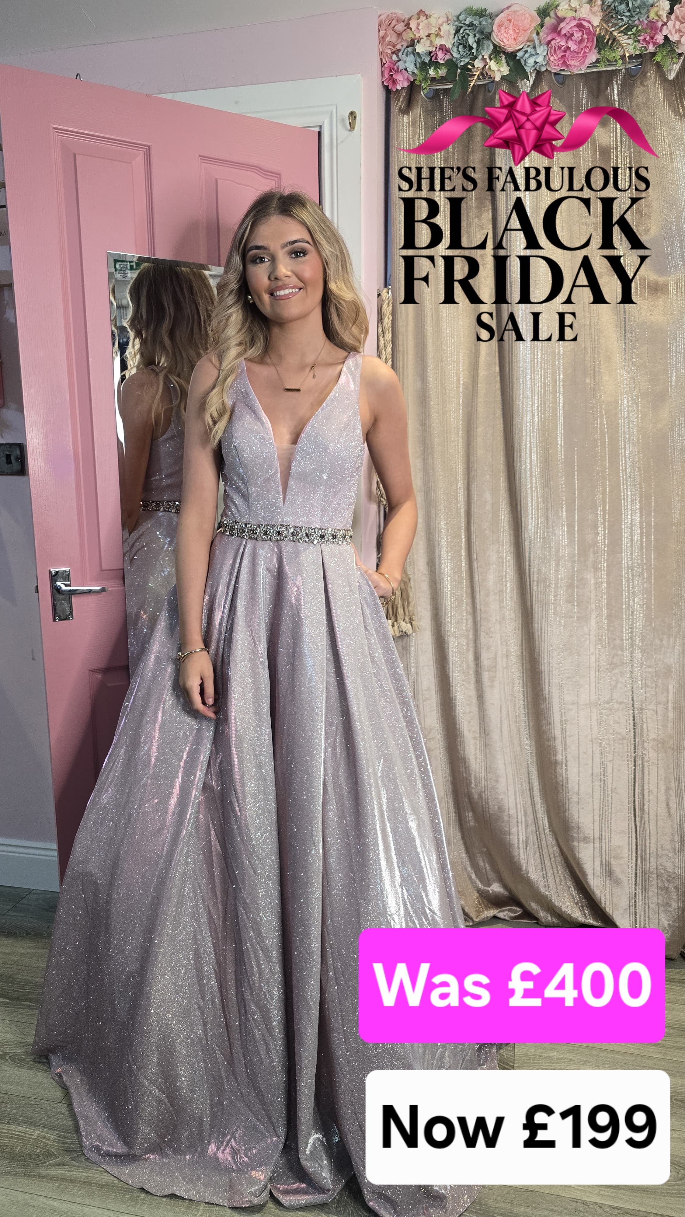 Leona Pink Sparkle Glitter Plunge Neck Ball gown Formal Prom Dress