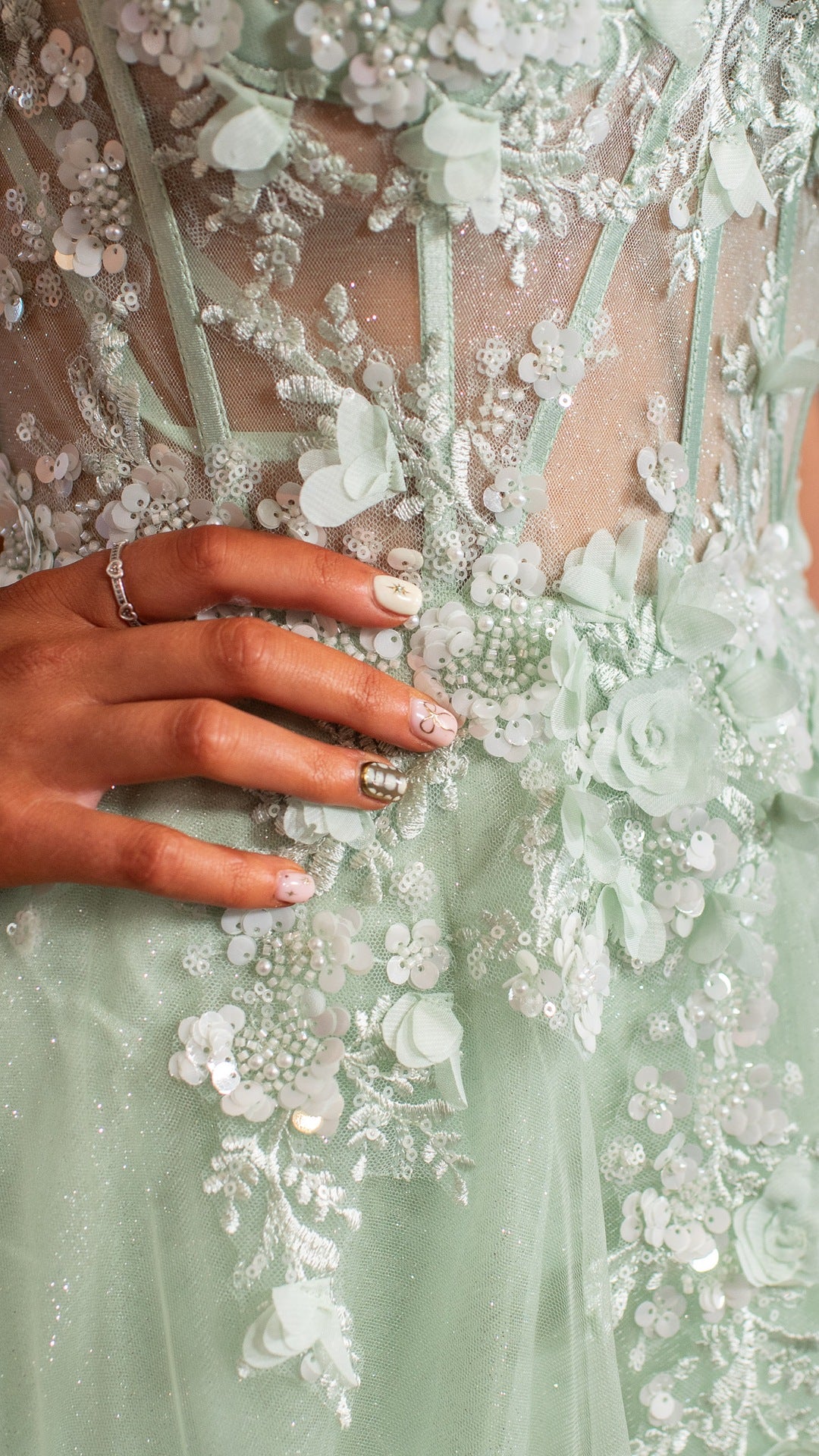 Orla Green Laced Back Flower Detail Leg Split Ballgown Formal Prom Dress Ball Gown
