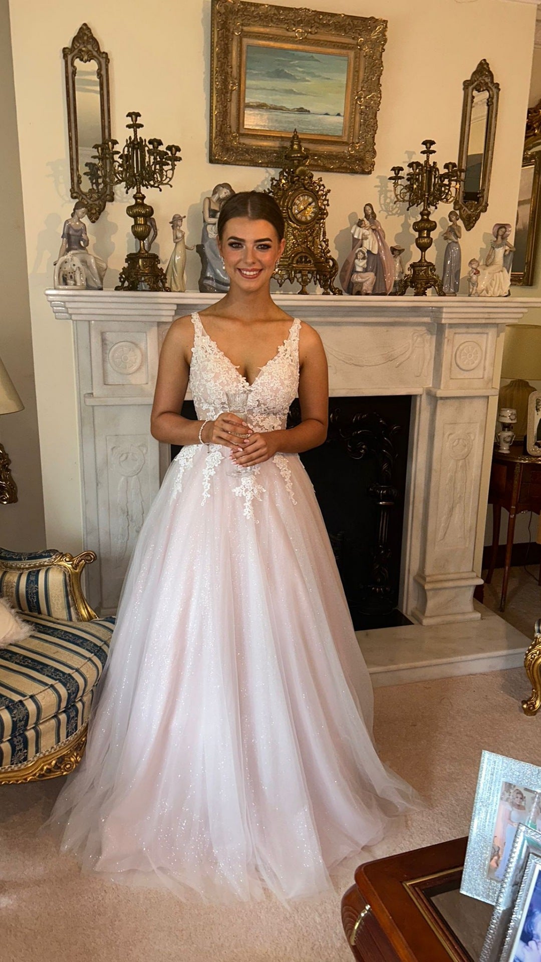 Brooklyn Blush Pink V Neck Laced Detail Bodice Ball Gown Formal Prom Dress