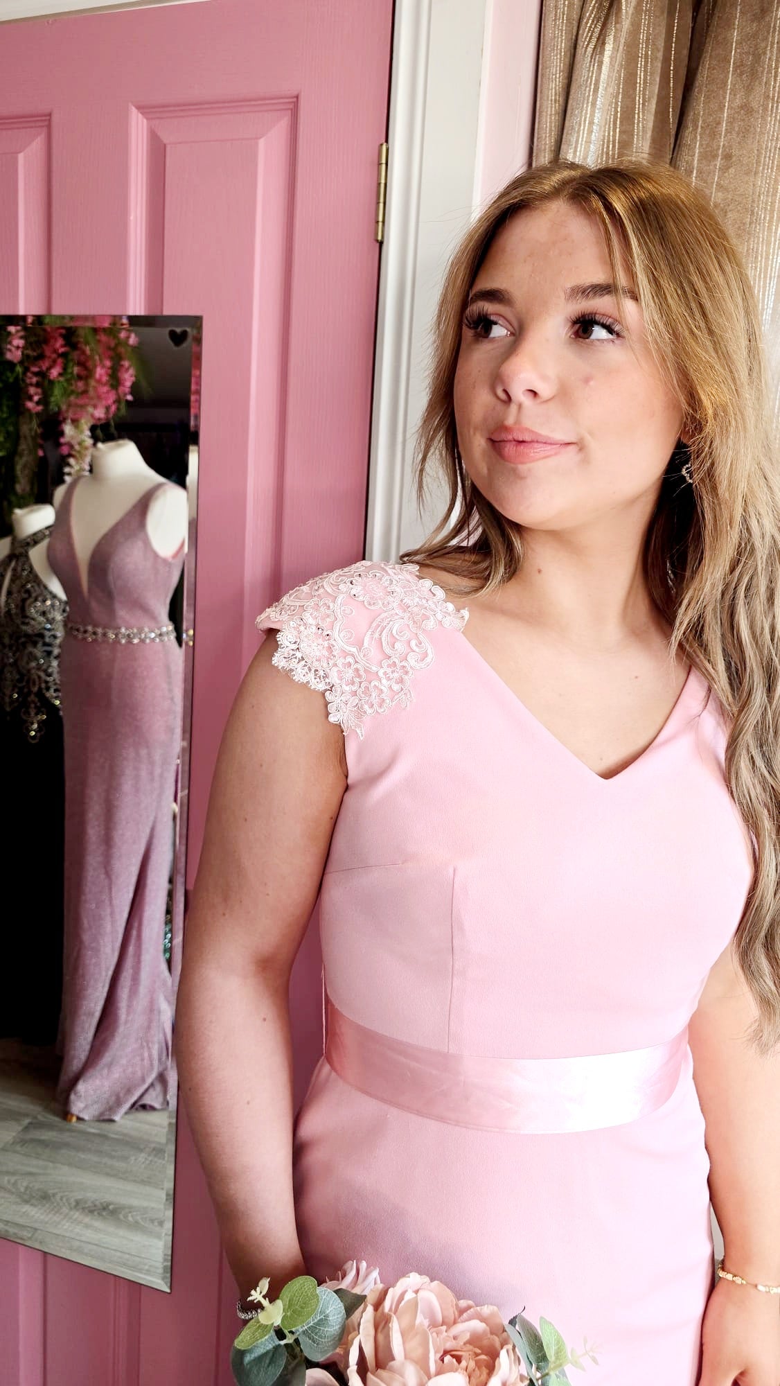 Caroline Pink Laced Shoulder Caps Used For Photoshoot Sample Bridesmaid Dress Size 10