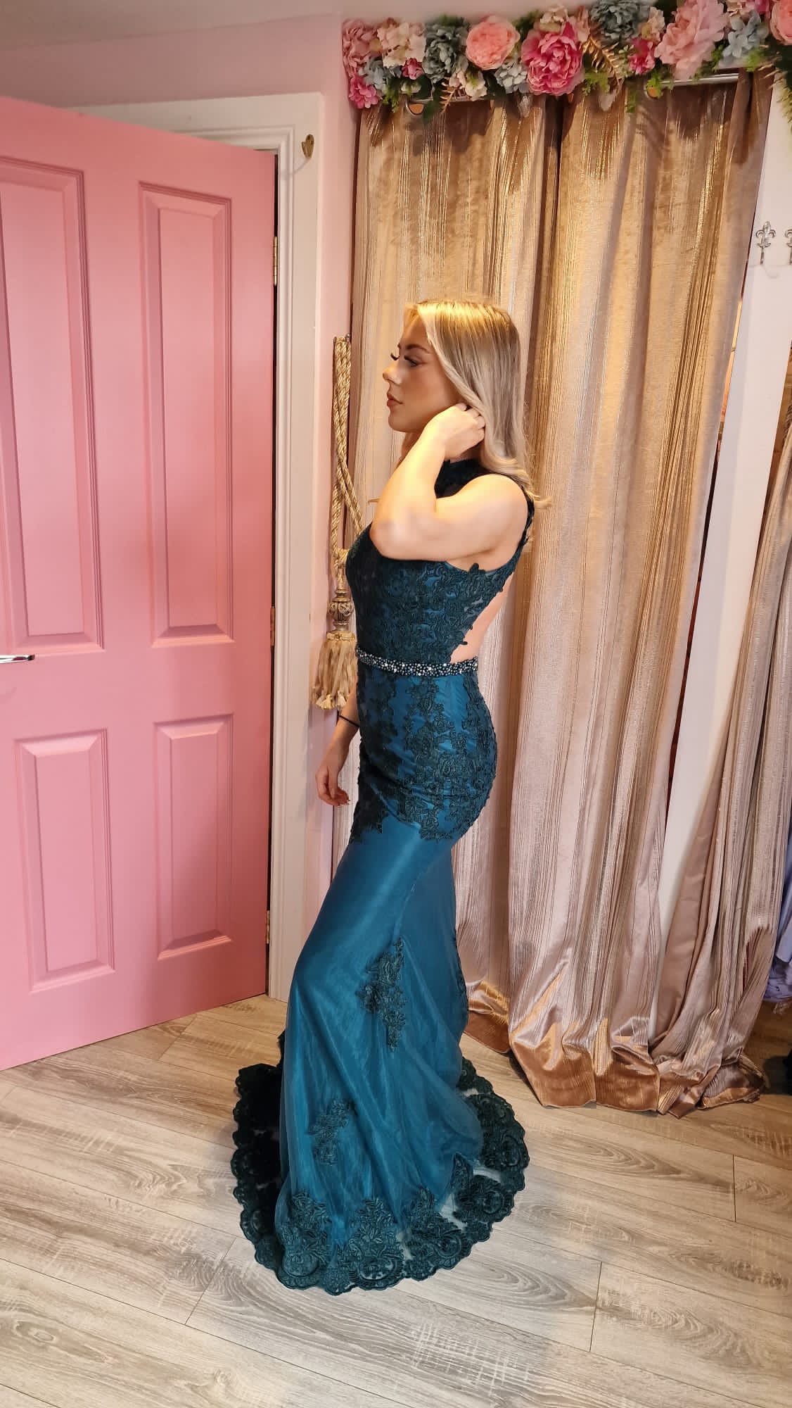 Evelyn Green High Neck Laced Formal Prom Dress