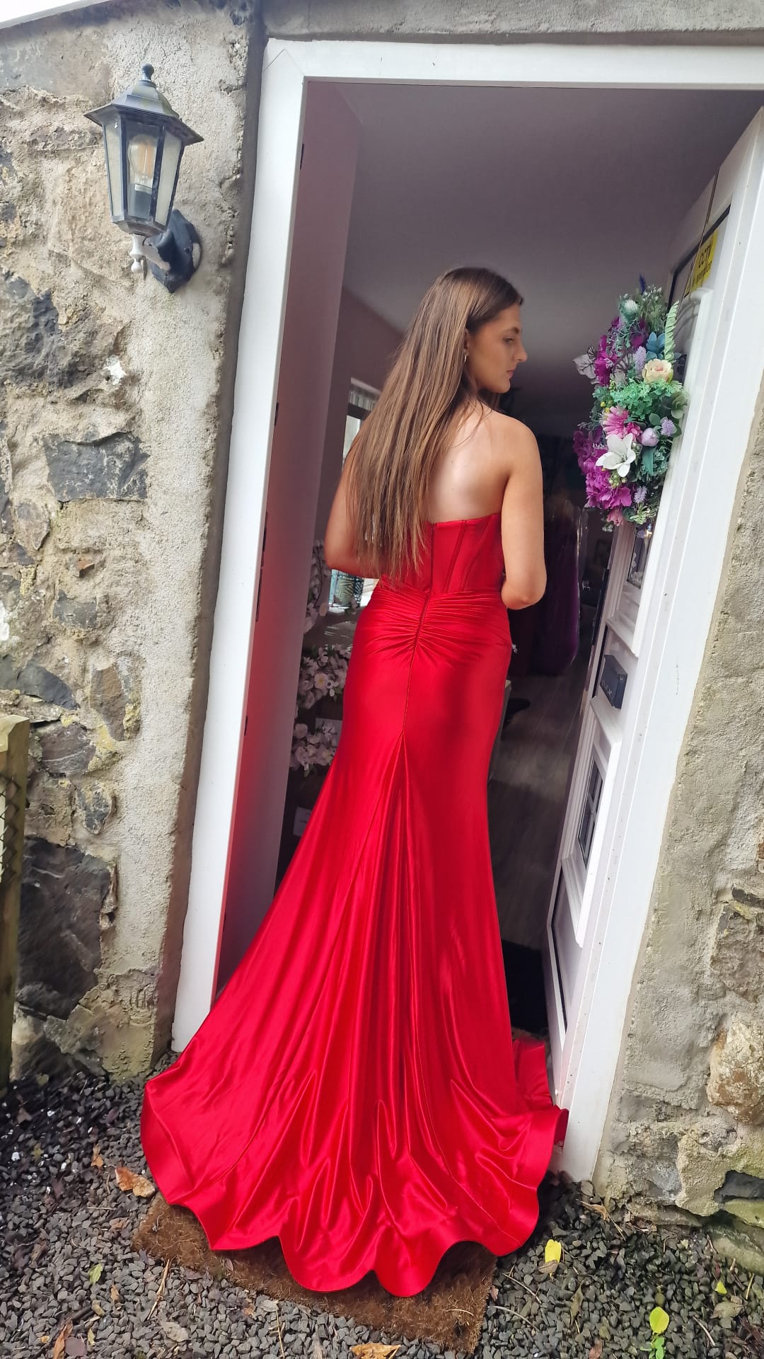 Aisha Red Satin Ruched Corset Strapless Side Legsplit Formal Prom Dress