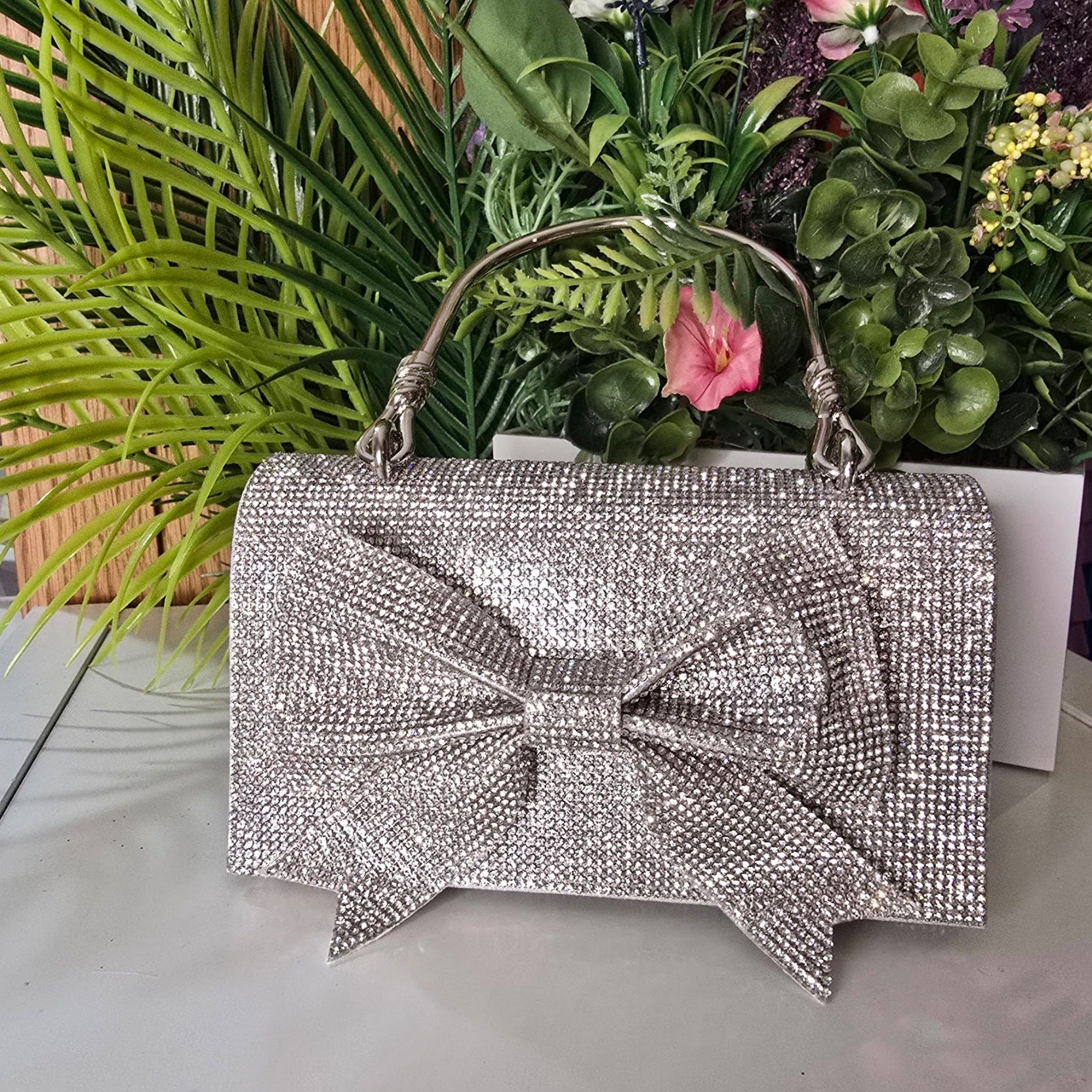 Clara Silver Rhinestone Bow Clutch Handbag