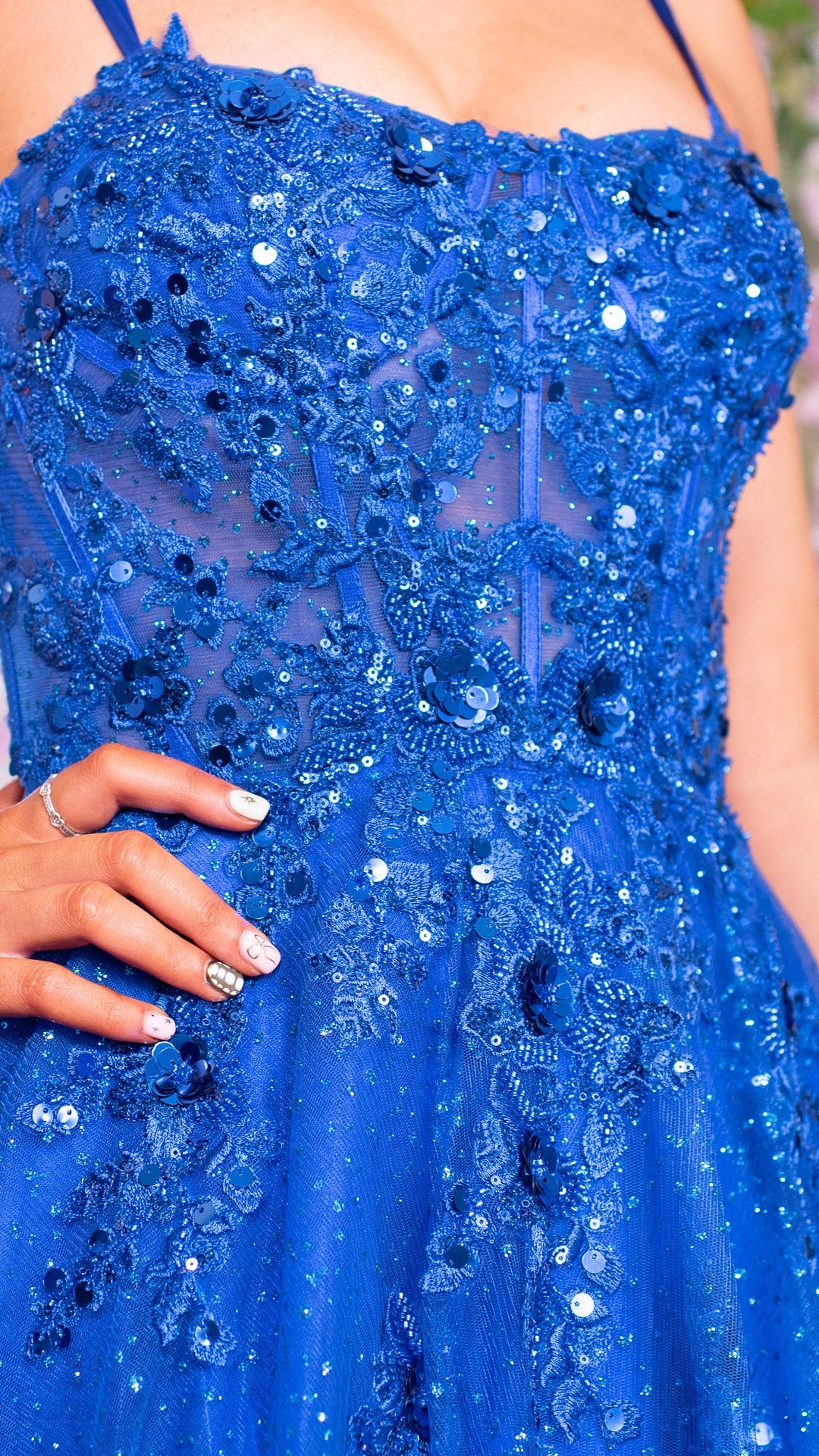 Blue Laced Back Flower Detail Corset Ballgown Formal Prom Dress Ball Gown