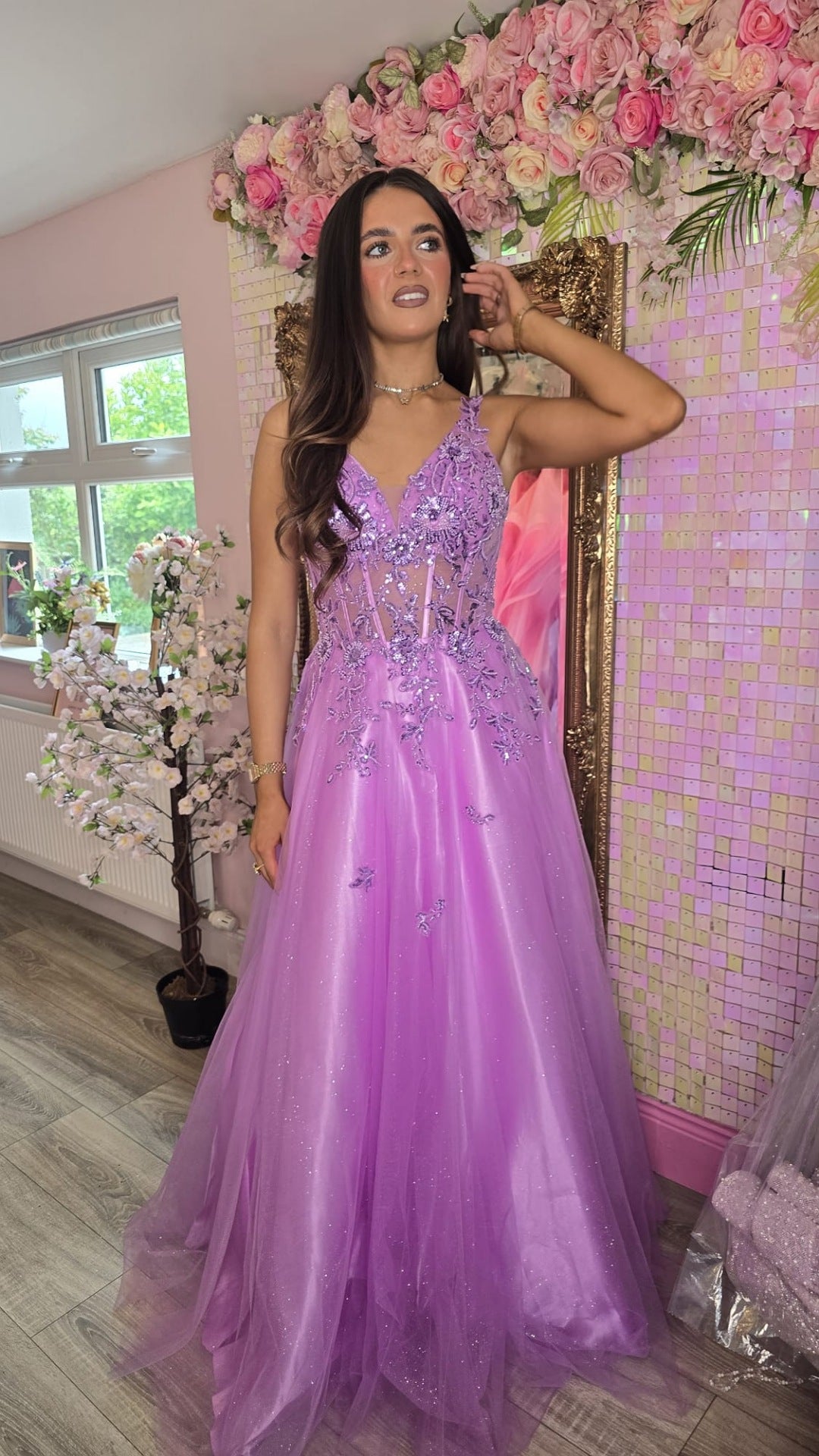Hannah Purple Flower Detail Corset Sparkle Material Ballgown Formal Prom Dress
