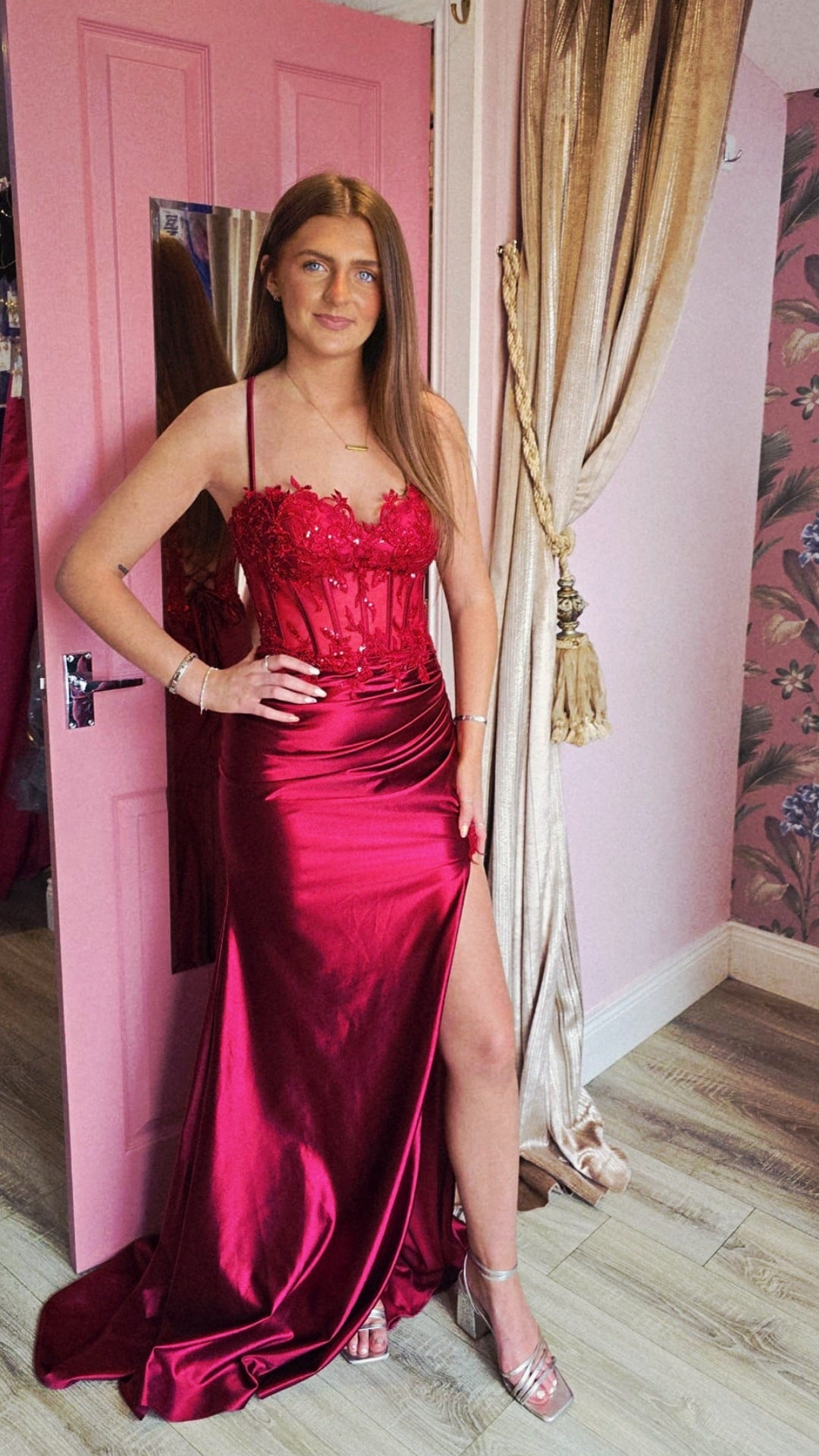 Orla Red Satin Silk Thigh Split Corset Top Formal Prom Dress