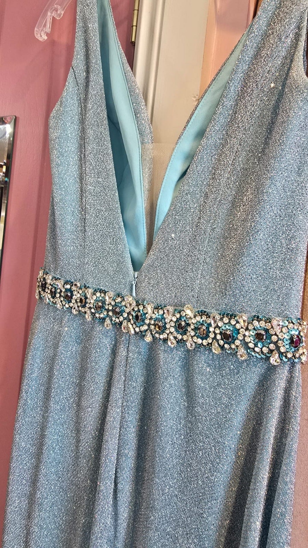 Leah Baby Blue Sparkly Glitter Metallic Formal Prom Dress