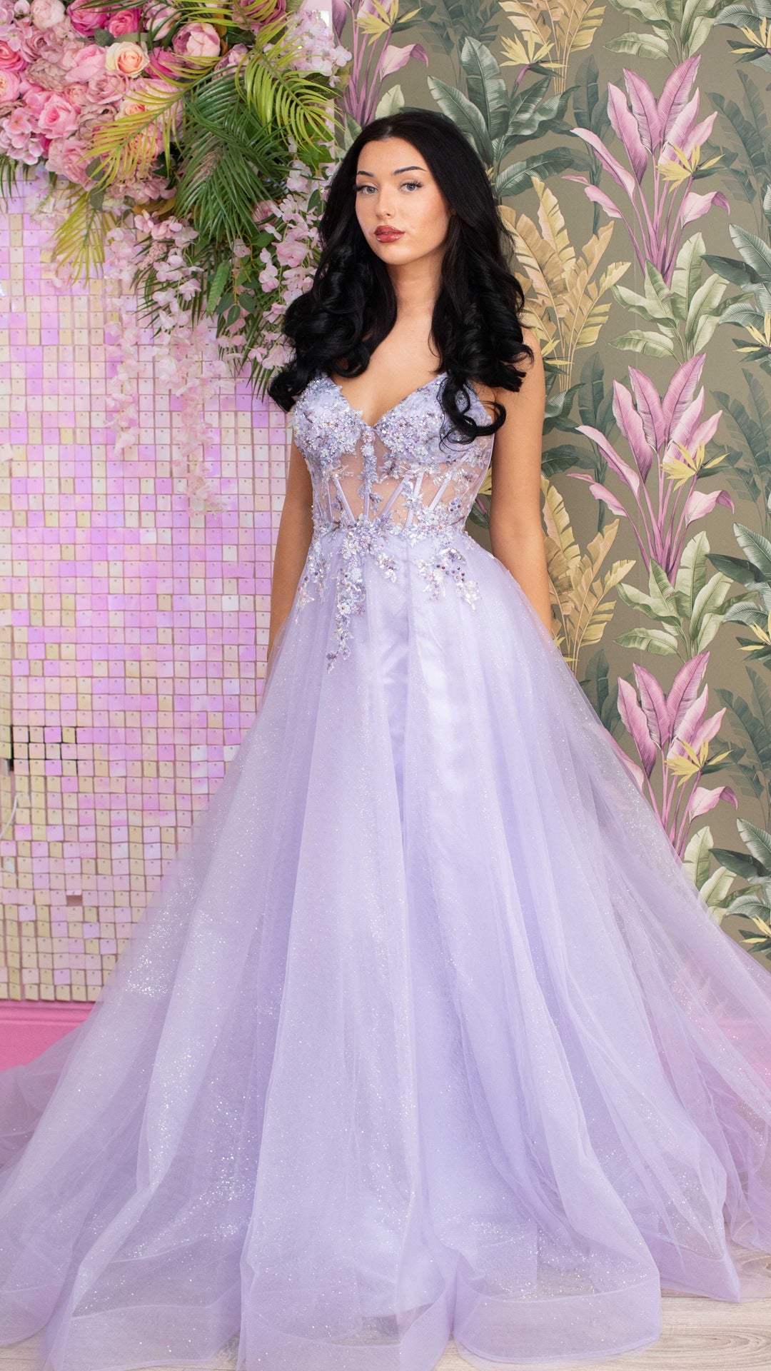 Perrie Lilac Laced Corset Flower Detail Ballgown Formal Prom Dress Ball Gown