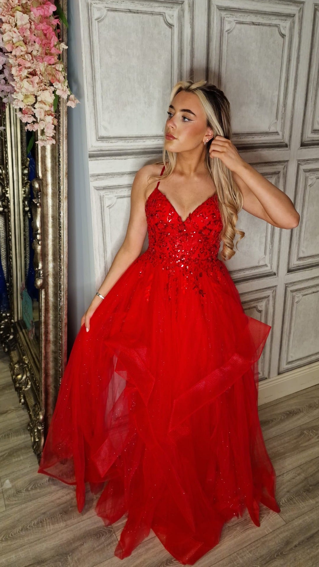 Grace Red Skinny Straps Embellished Layered Ball Gown Skirt Formal Prom Dress