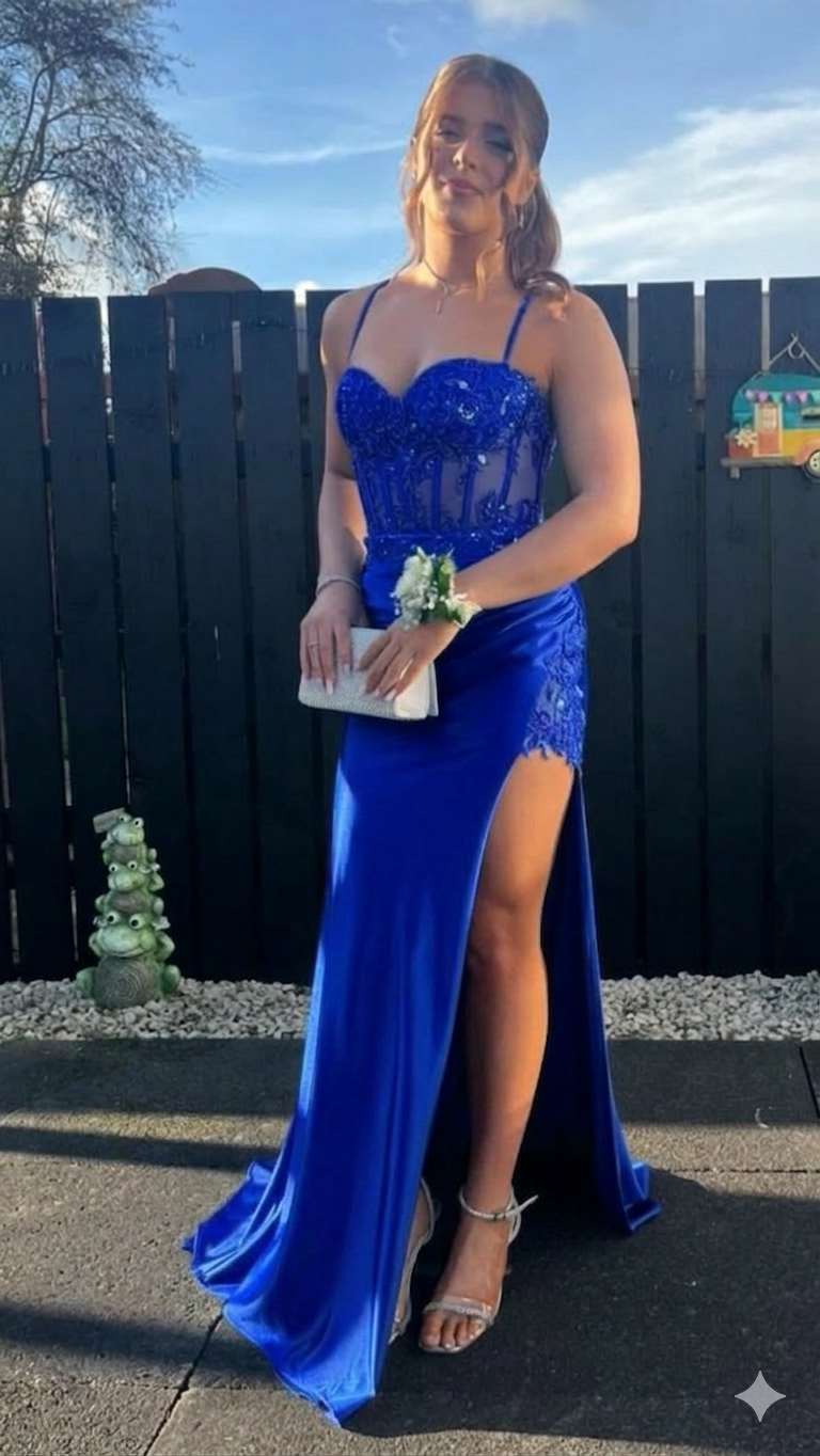 Maria Satin Royal Blue Fitted Corset Sweep Train Formal Prom Dress