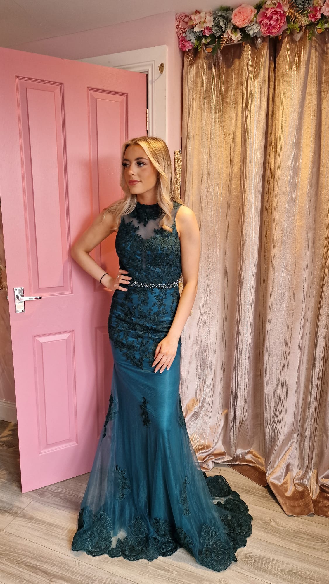 Evelyn Green High Neck Laced Formal Prom Dress