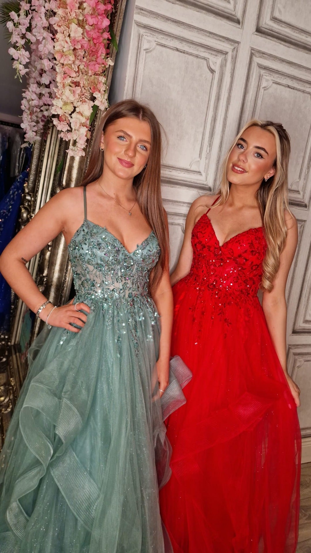 Grace Red Skinny Straps Embellished Layered Ball Gown Skirt Formal Prom Dress