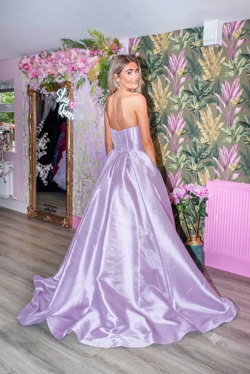 Immie Lilac Satin Strapless Sheer Corset Style Bodice Formal Prom Dress