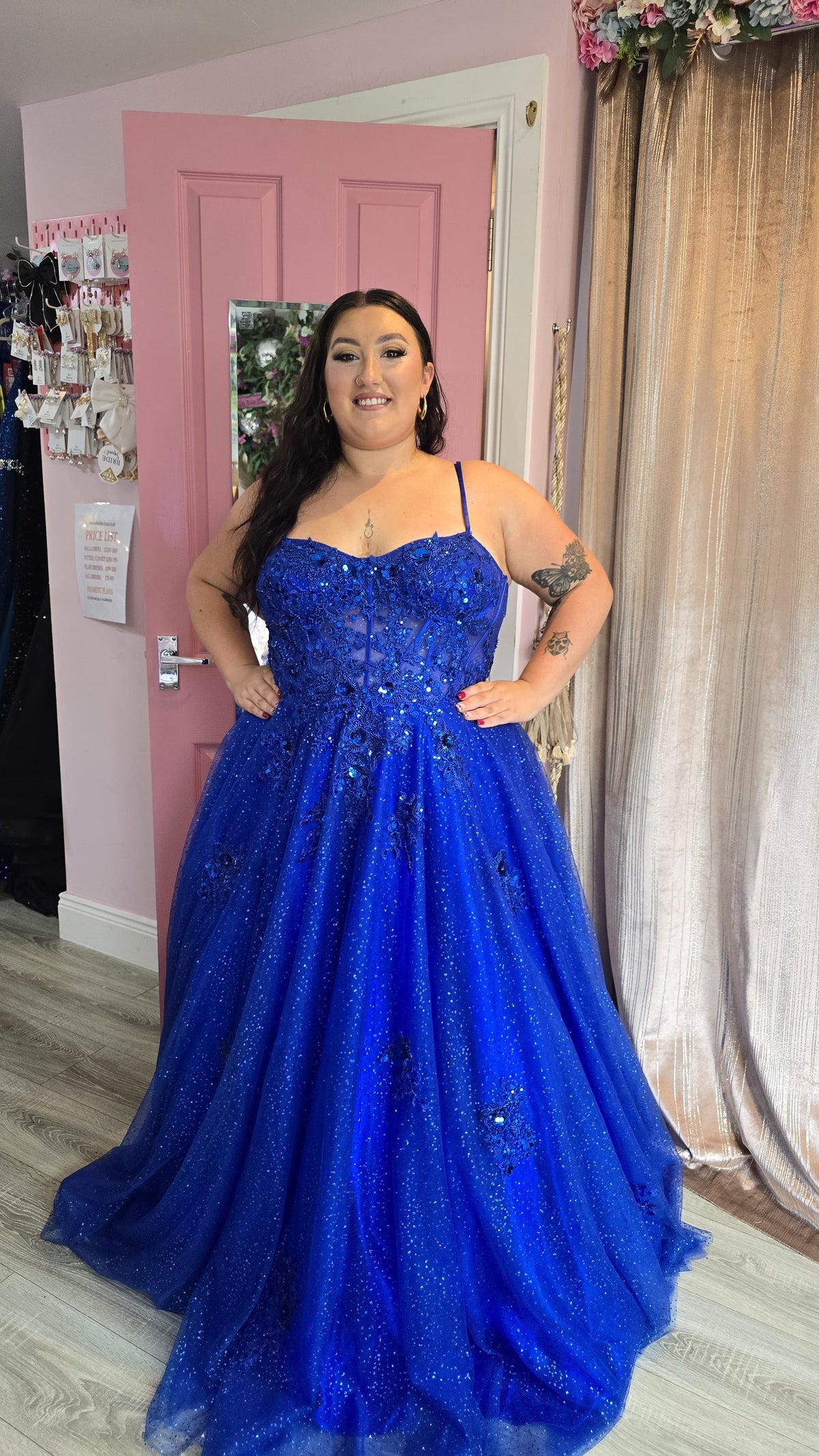 Blake Blue Laced Back Flower Detail Corset Ballgown Formal Prom Dress Ball Gown