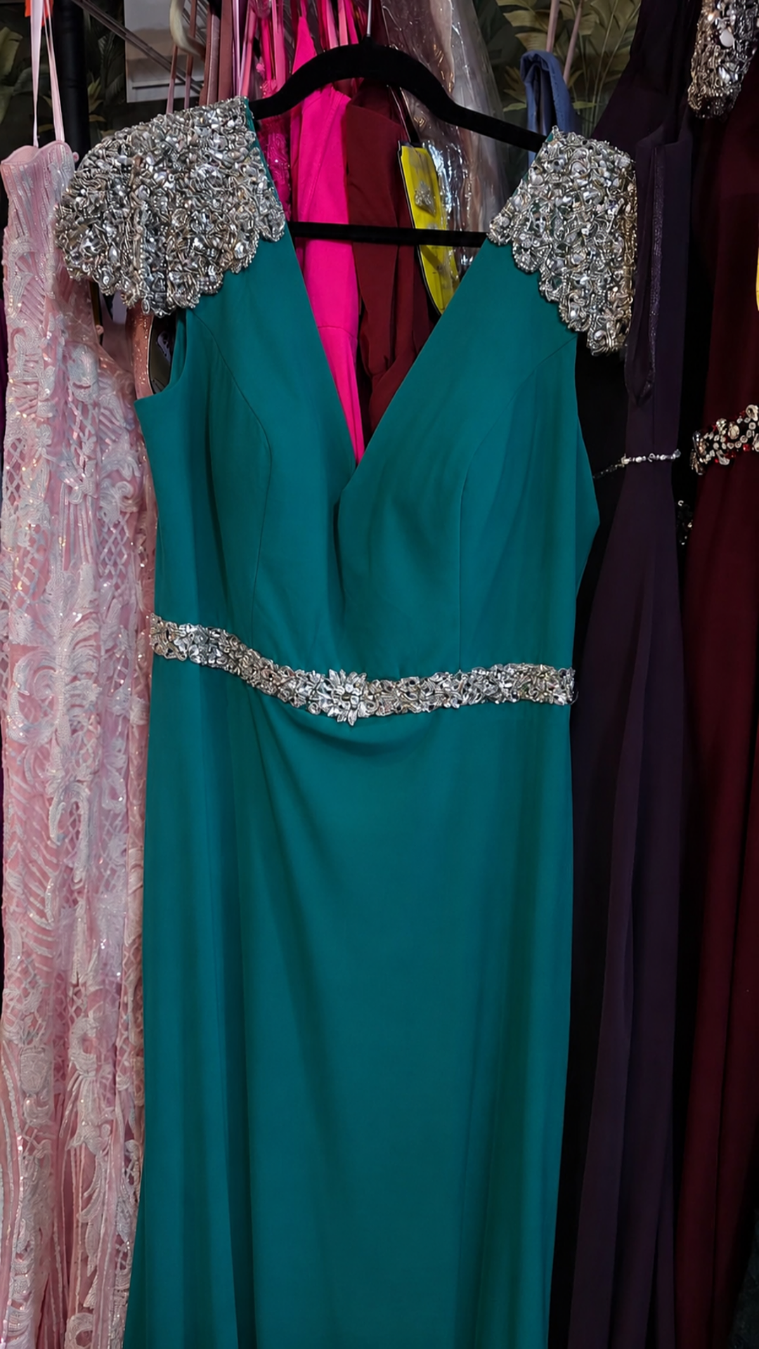 Sarah Teal V Neck Sequin Shoulder Cap Sample Bridesmaids Dress
