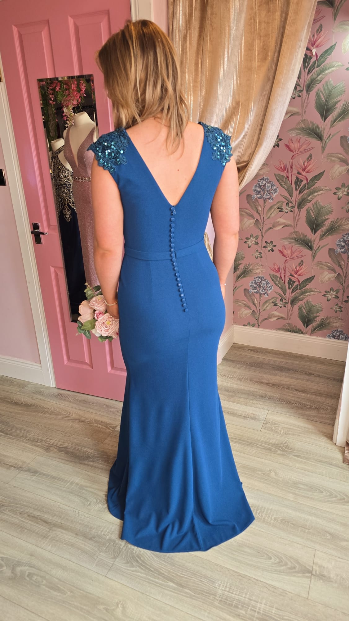 Caroline Teal Laced Shoulder Button Up Back Used For Photoshoot Sample Bridesmaid Dress Size 16