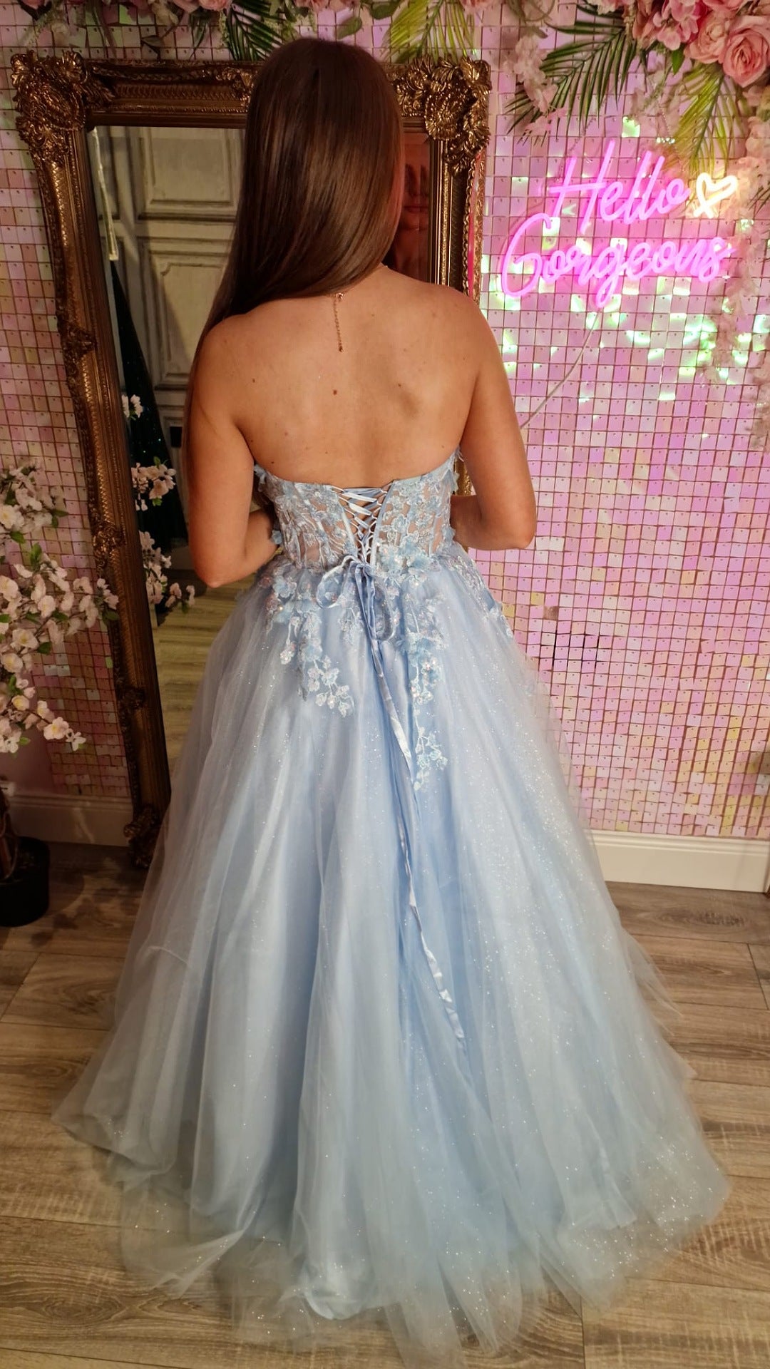 Ellen Light Blue Strapless Flower Detail Ball Gown Formal Prom Dress