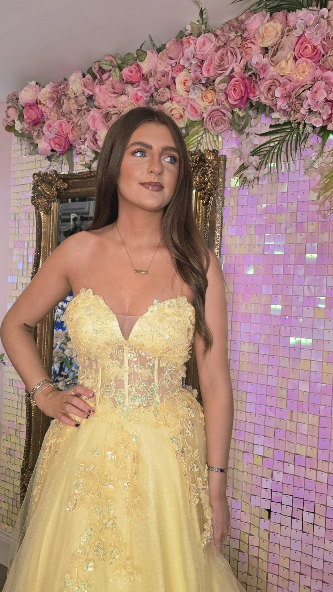 Ellen Lemon Strapless Flower Detail Ball Gown Formal Prom Dress