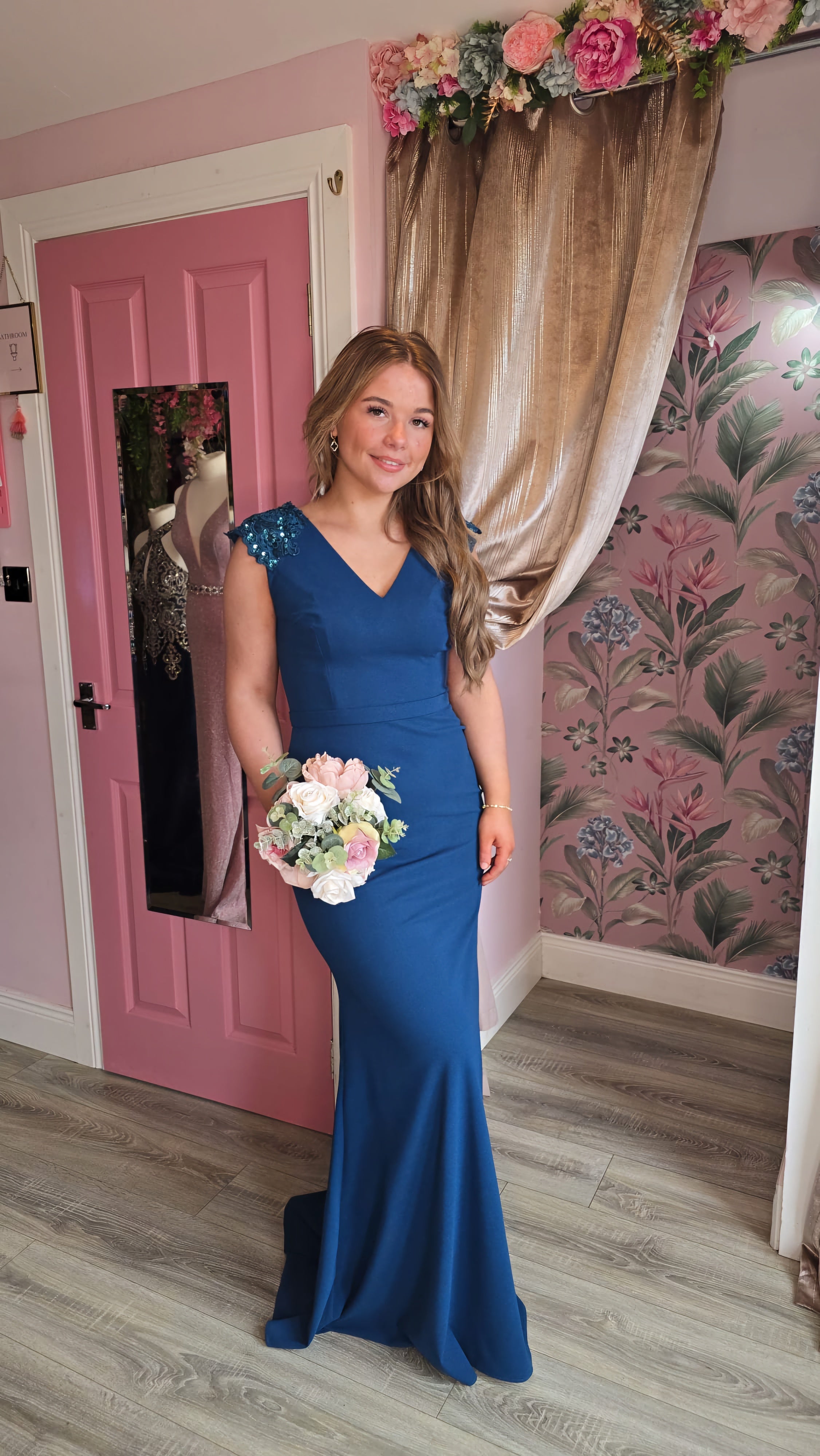 Caroline Teal Laced Shoulder Button Up Back Used For Photoshoot Sample Bridesmaid Dress Size 16