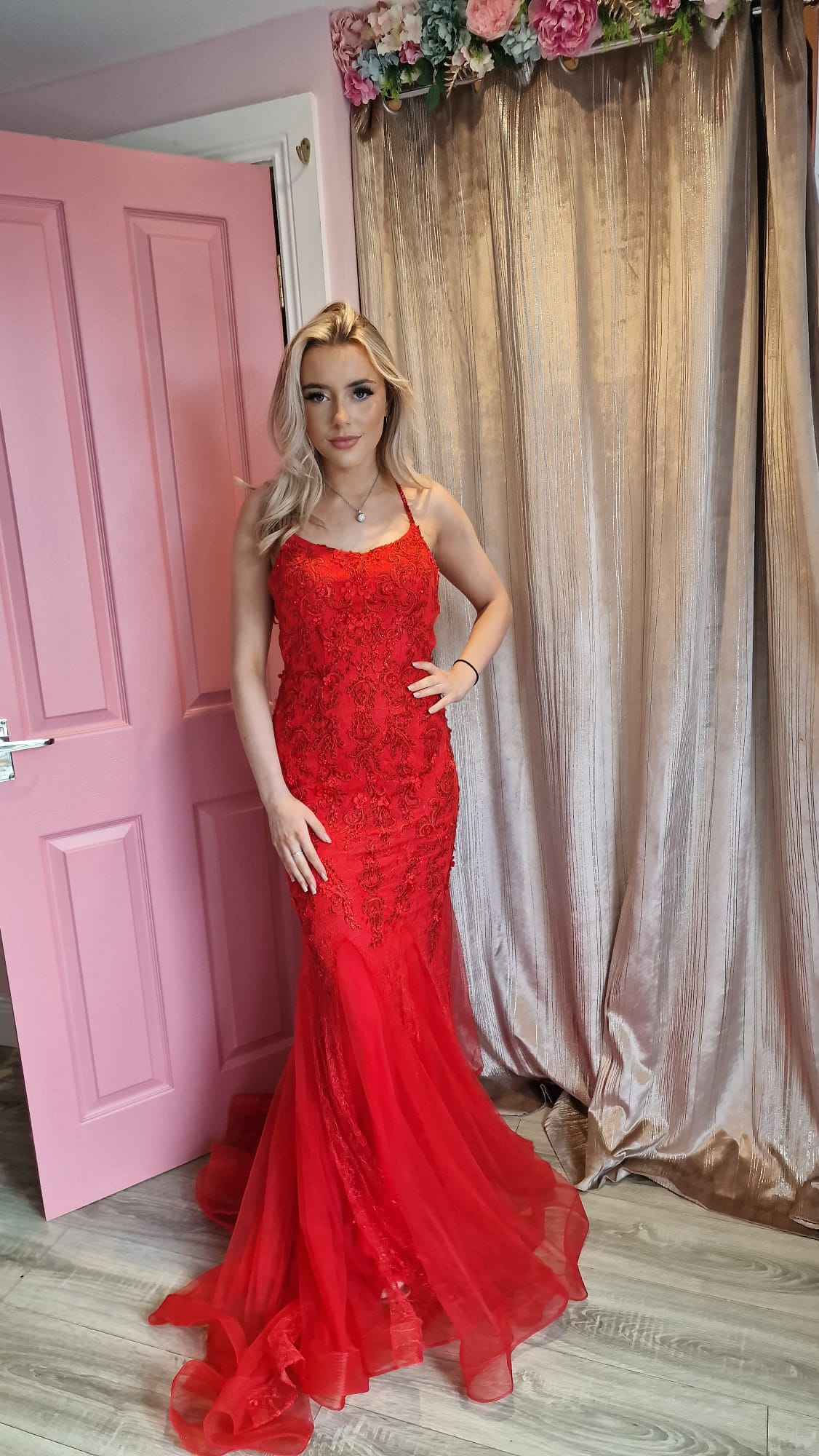 Heidi Red Skinny Strap Laced Detail Fishtail Formal Prom Dress