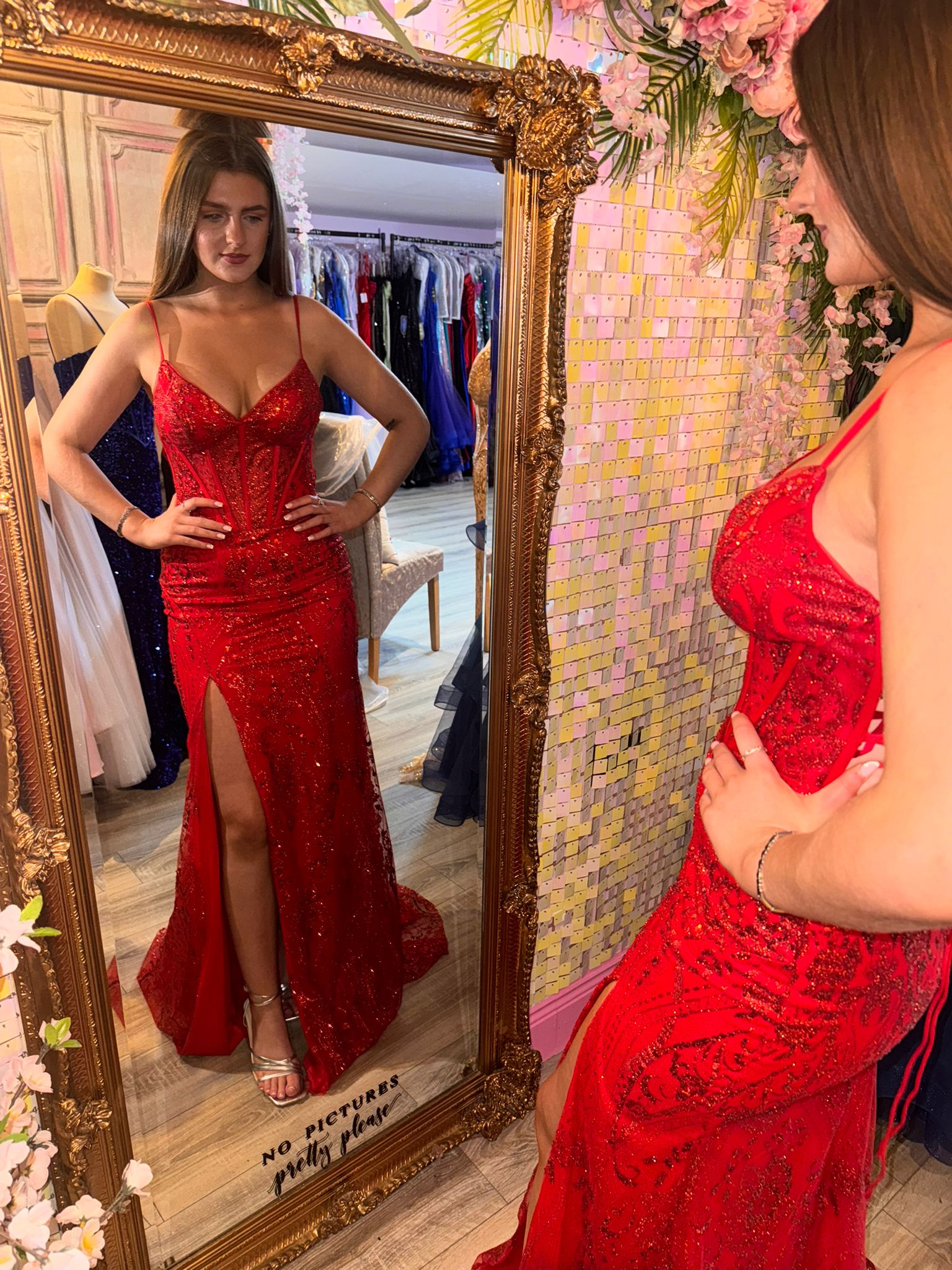 Eva Red Glitter Fabric Mesh Corset Laced Up Back Formal Prom Dress