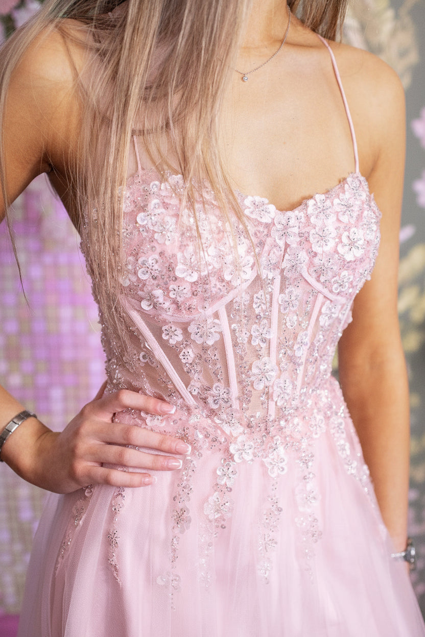 Layla Pink Skinny Strap Leg Split Flower Bodice Ballgown Formal Prom Dress Ball Gown