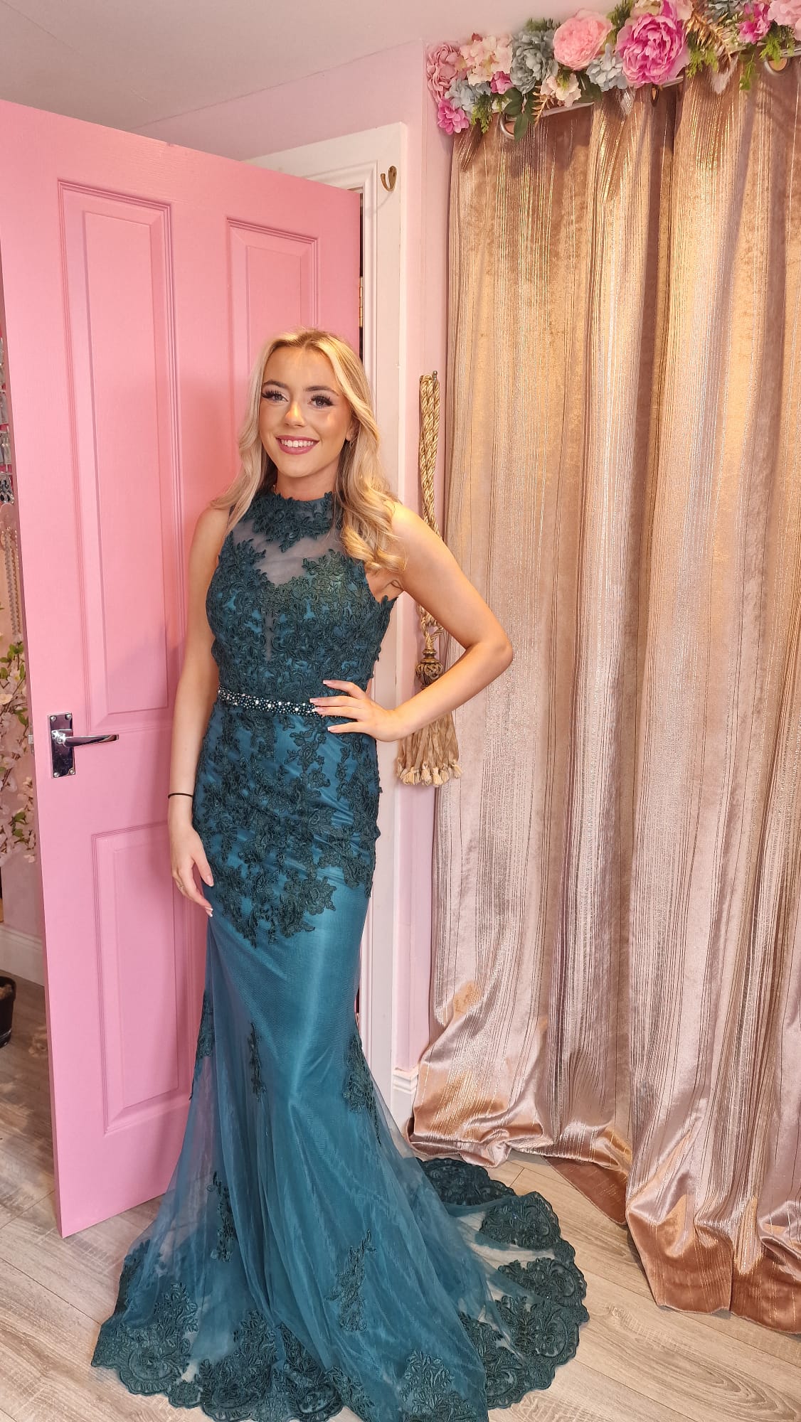 Evelyn Green High Neck Laced Formal Prom Dress