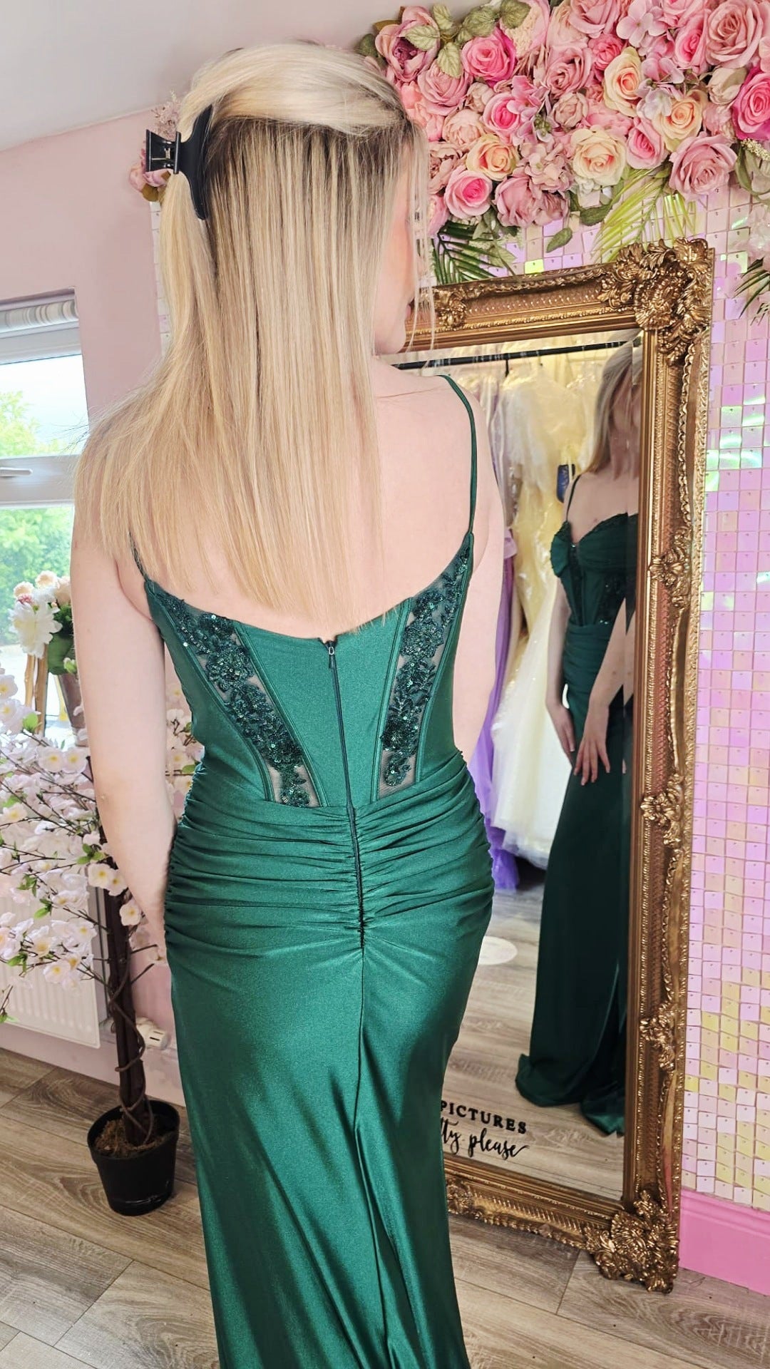 Cerine Emerald Corset With Lace Detail Thigh Split Formal Prom Dress