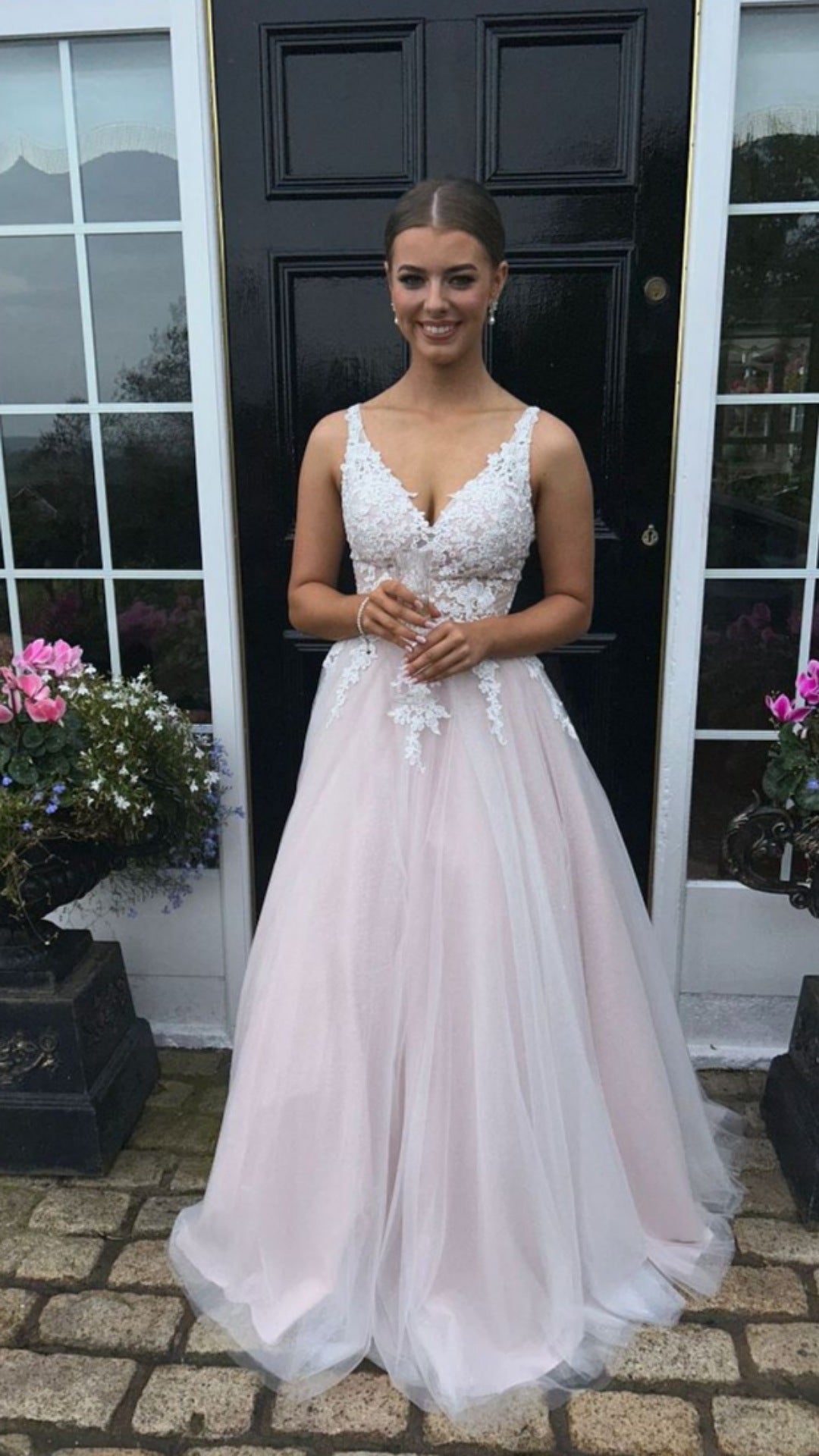 Brooklyn Blush Pink V Neck Laced Detail Bodice Ball Gown Formal Prom Dress