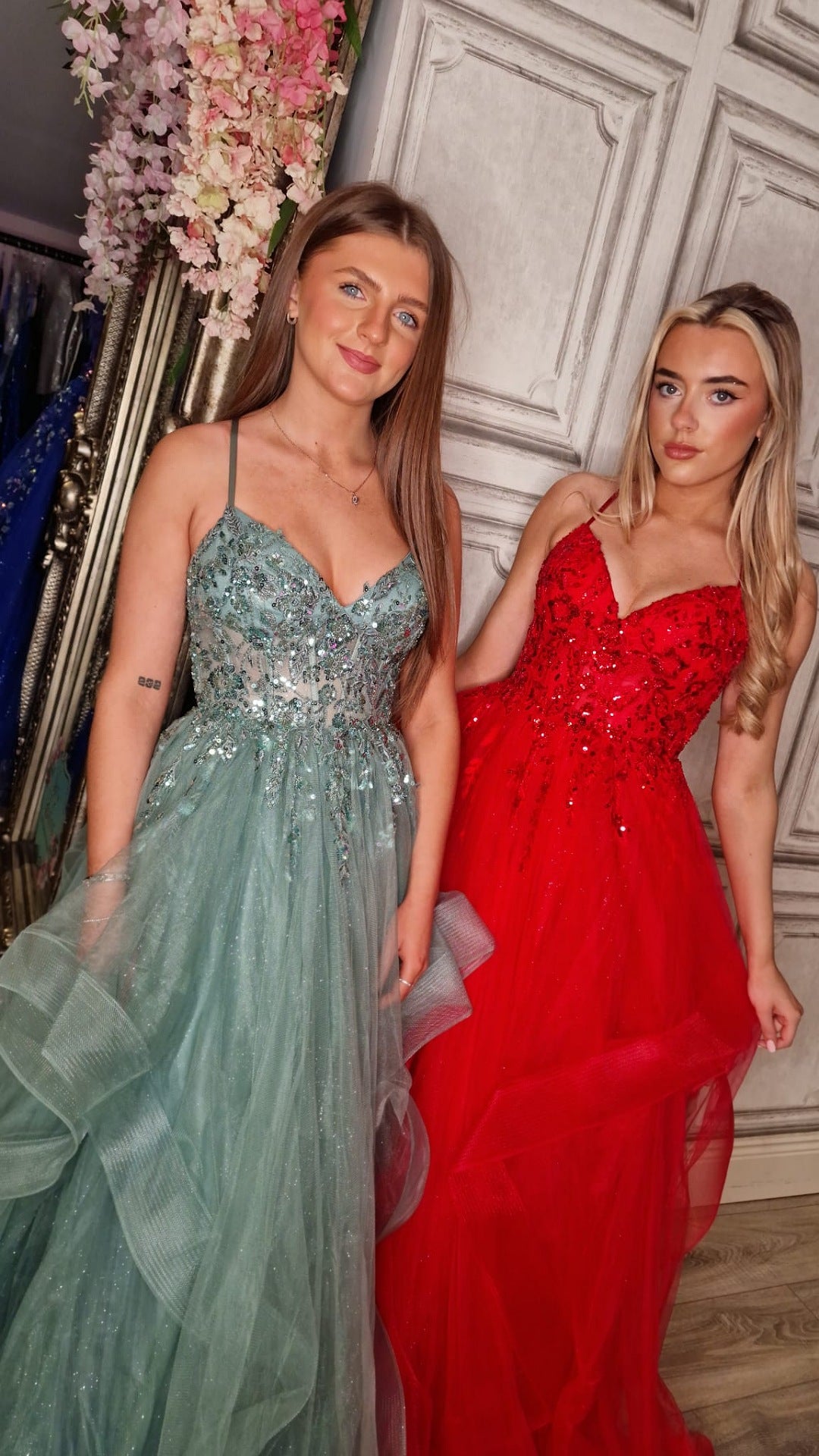 Grace Green Skinny Straps Embellished Layered Ball Gown Skirt Formal Prom Dress