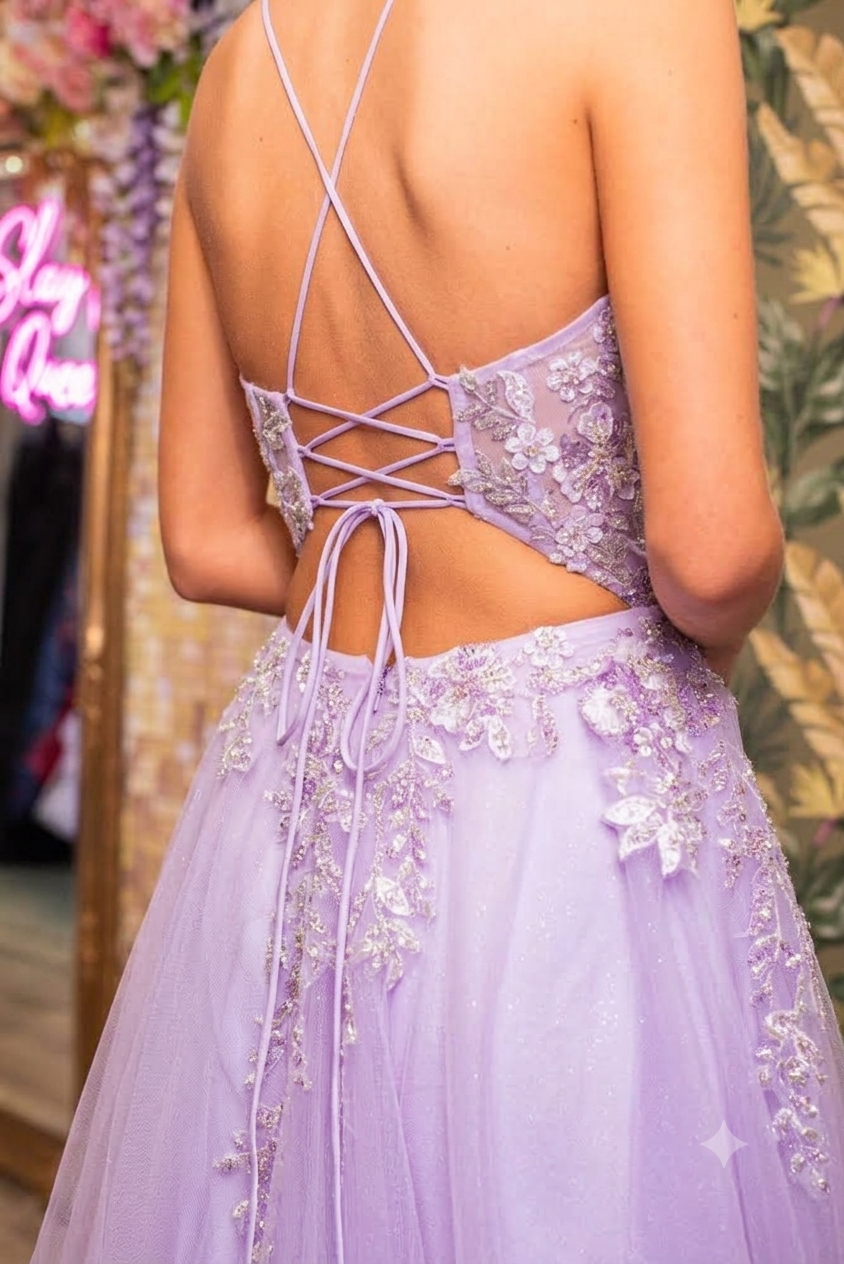 Quinn Lilac Corset Style Lace Up Back Skinny Strap Ballgown Formal Prom Dress Ball Gown