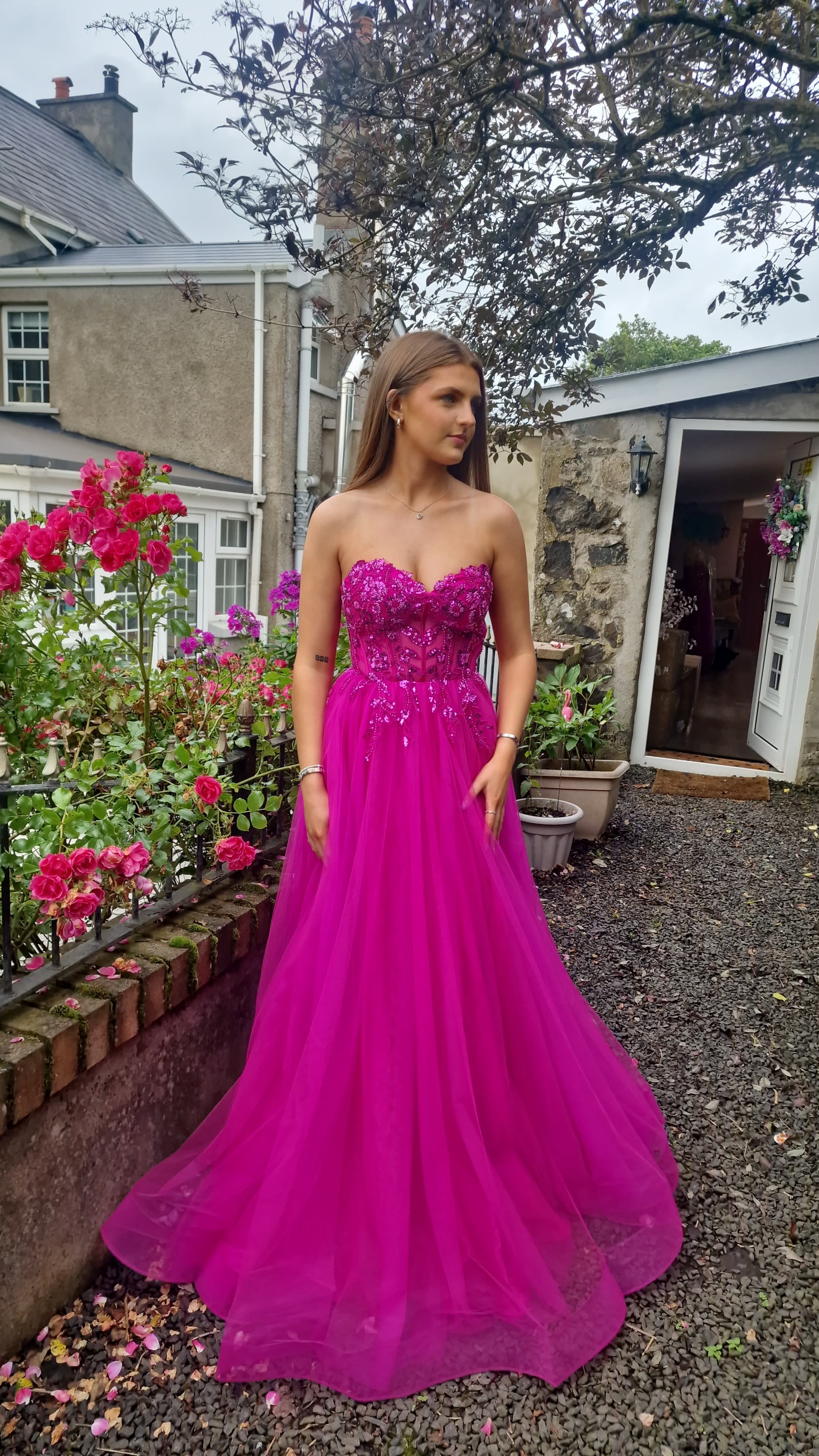 Connie Magenta Mesh Corset Laced Back Strapless Ballgown Formal Prom Dress