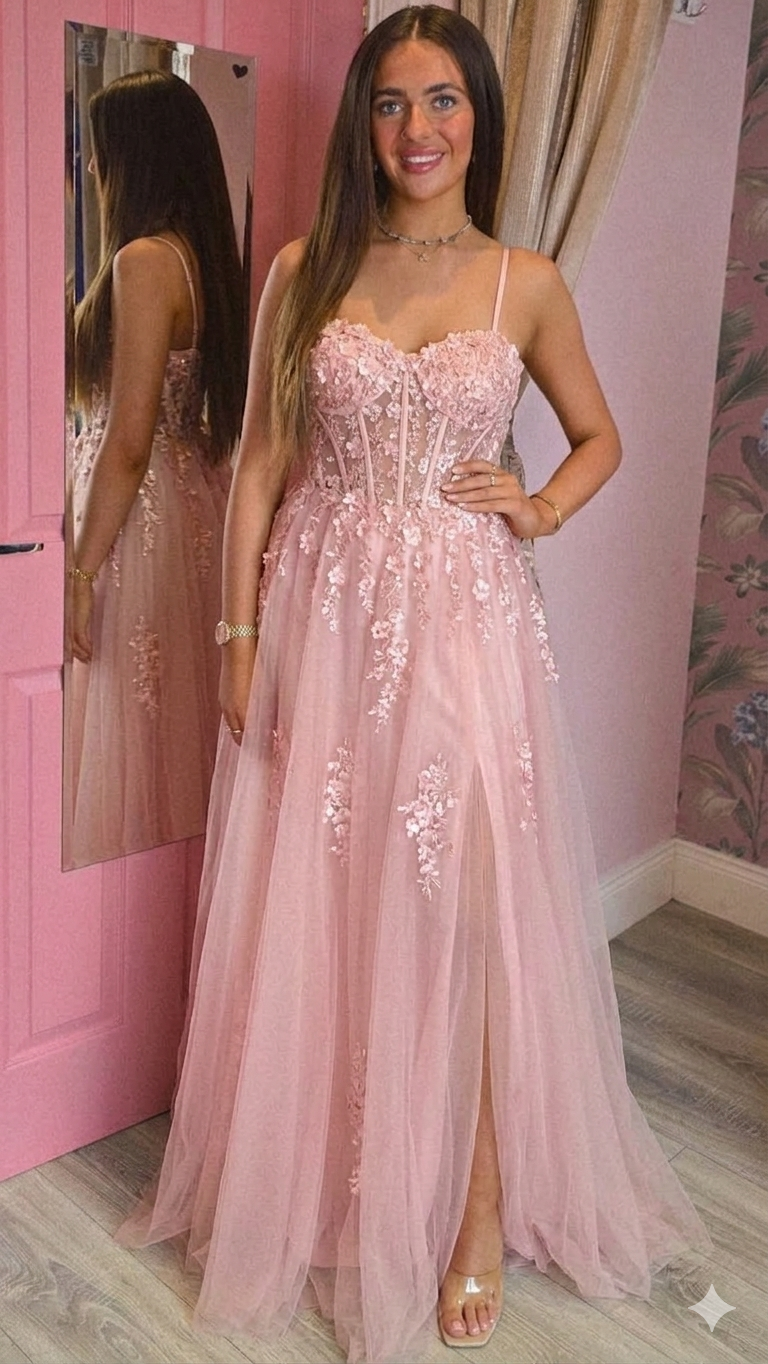 Holly Pink Thigh Split Flower Detail Corset Ballgown Formal Prom Dress