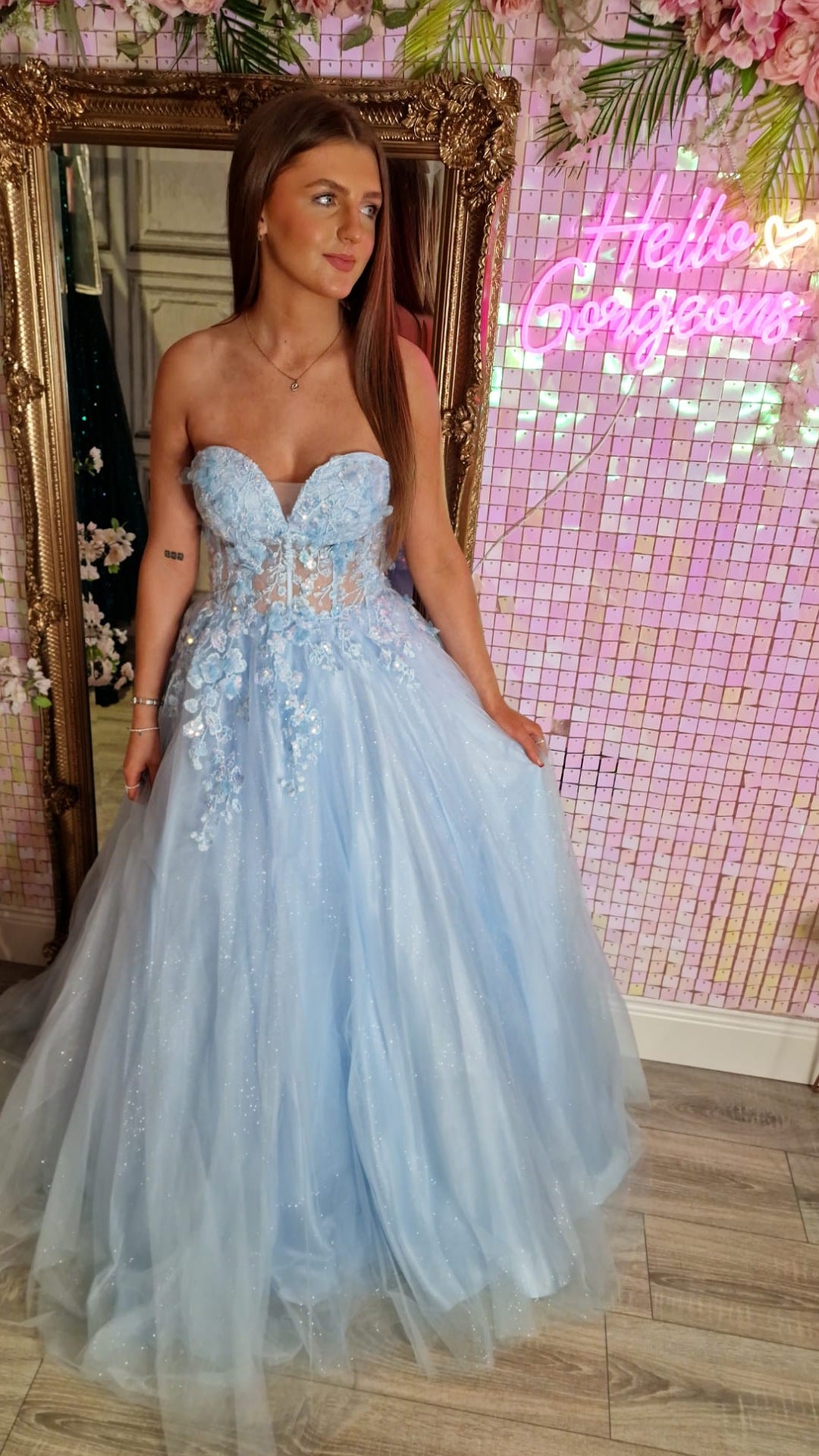 Ellen Light Blue Strapless Flower Detail Ball Gown Formal Prom Dress