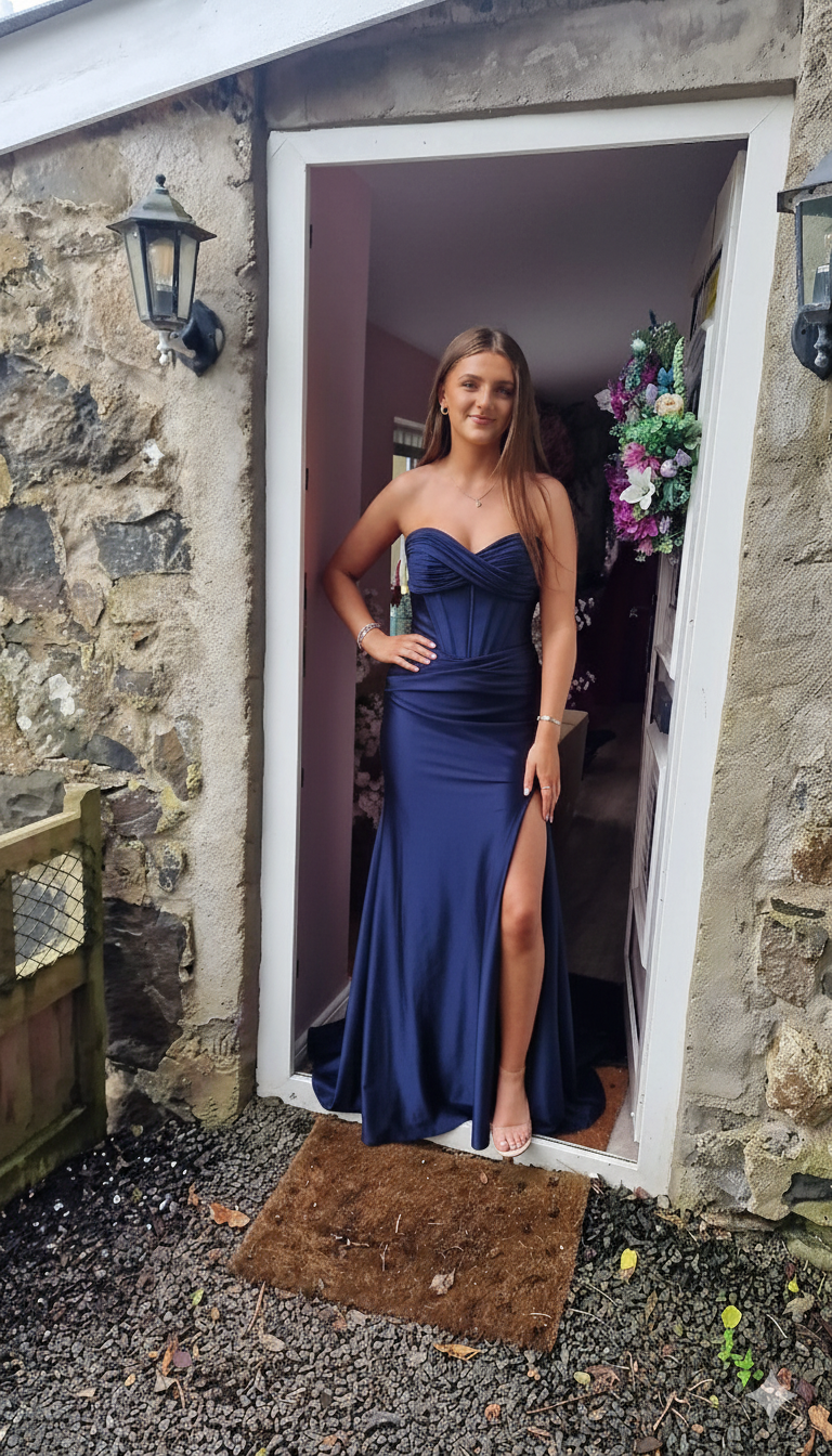 Aisha Navy Satin Ruched Corset Strapless Side Legsplit Formal Prom Dress