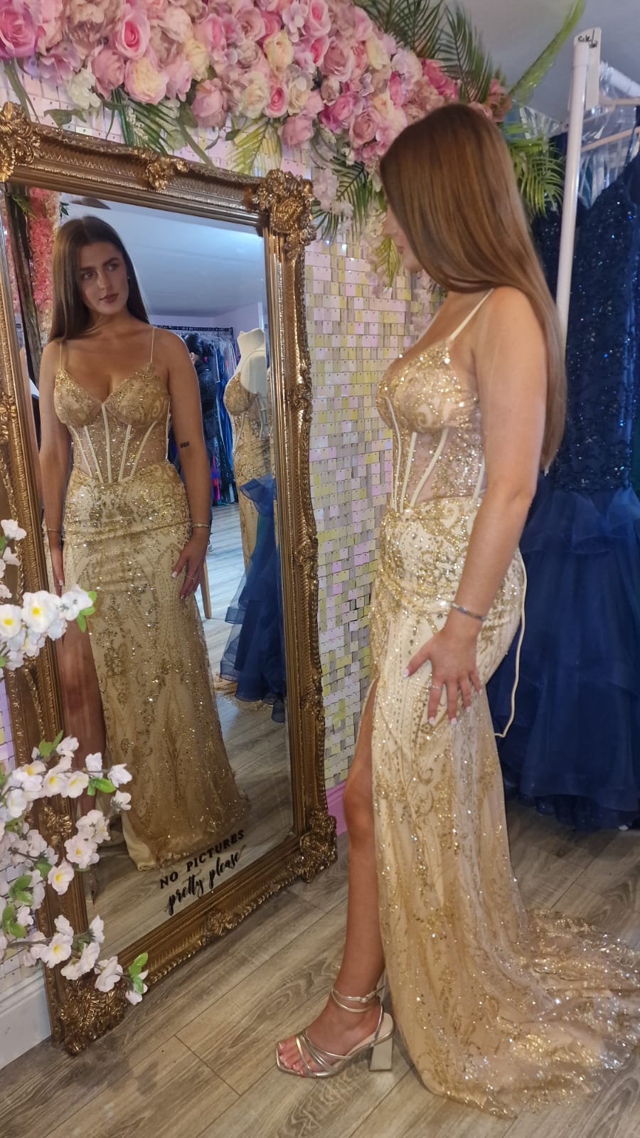 Eva Gold Glitter Fabric Mesh Corset Laced Up Back Formal Prom Dress