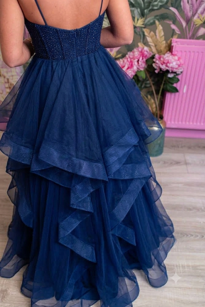 Asana Navy Layered With Beaded Bodice Sheer Panel Ballgown Formal Prom Dress Ball Gown