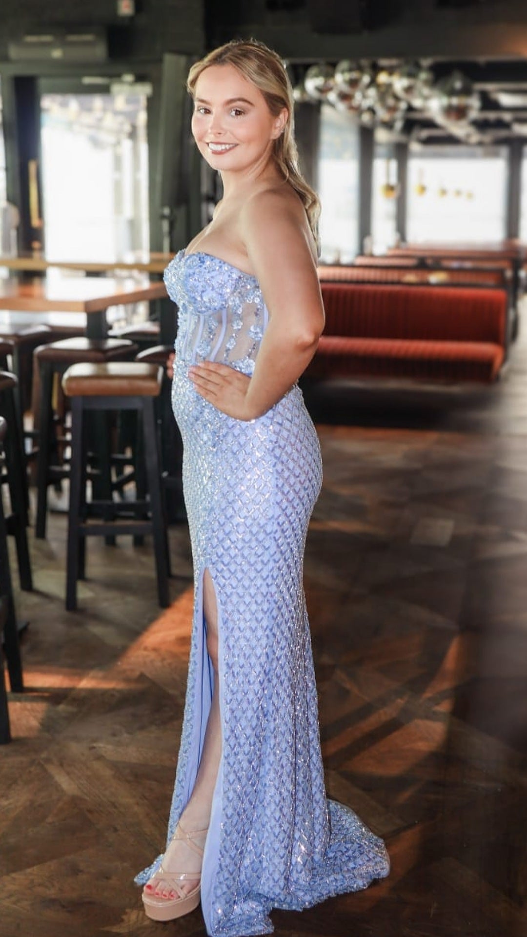 Chloe Cornflower Blue Beaded And Sequin All Over Flower Detail Corset Formal Prom Dress