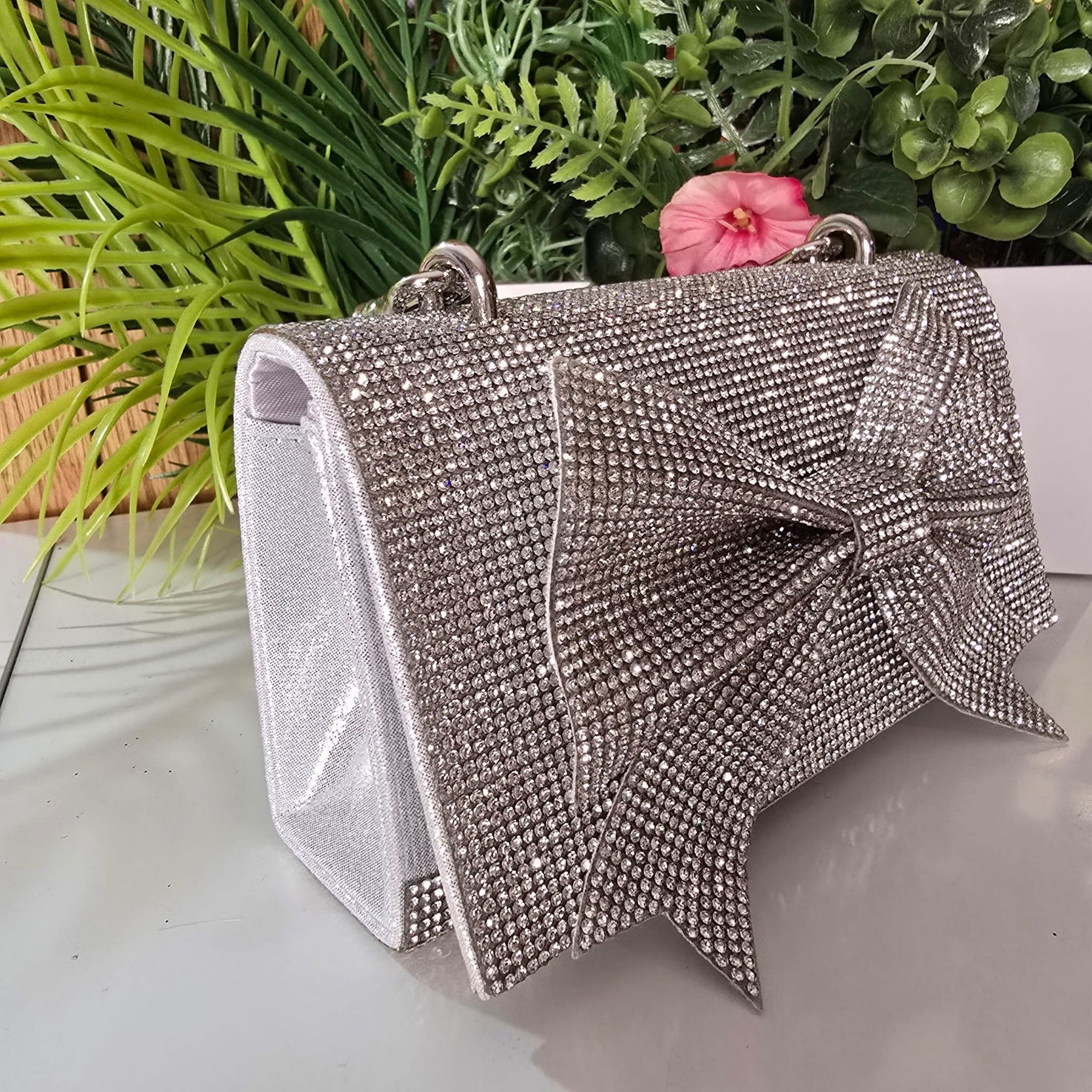 Clara Silver Rhinestone Bow Clutch Handbag