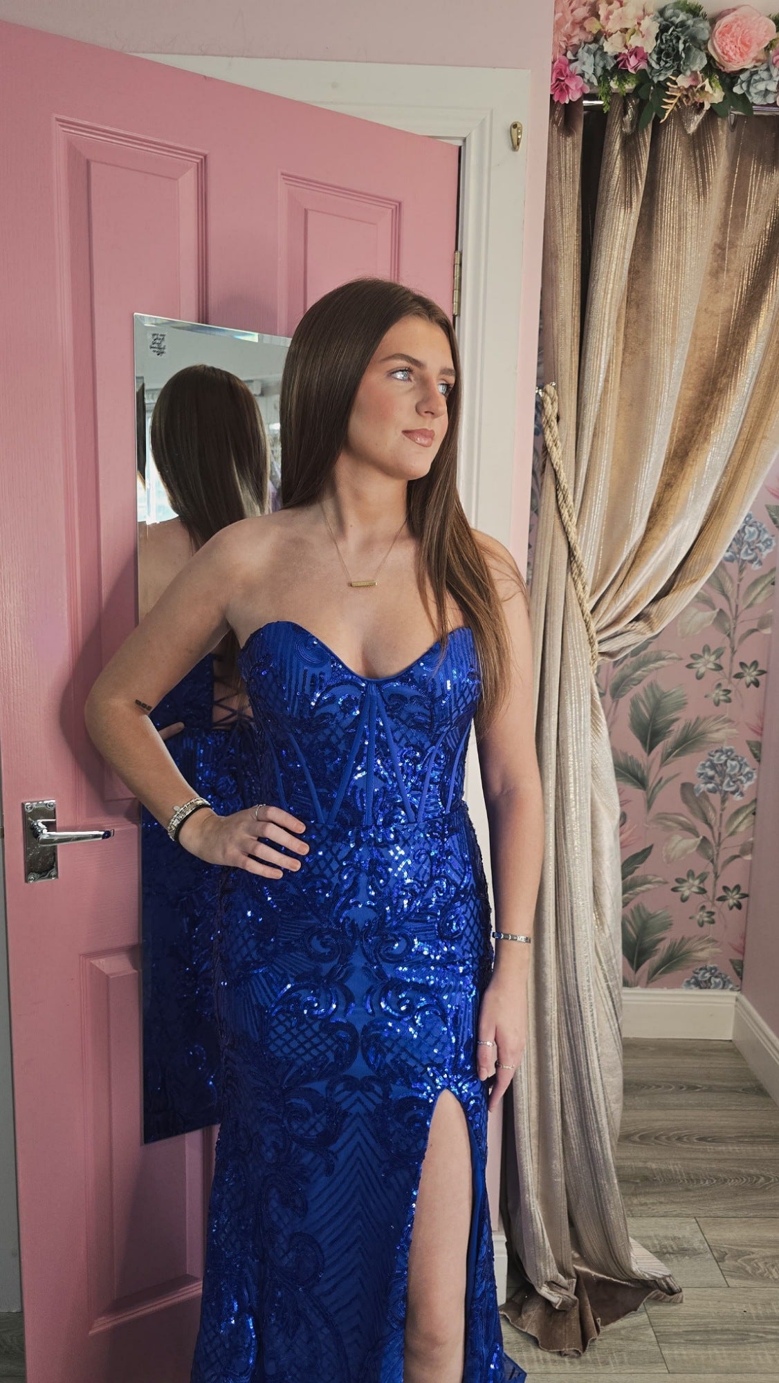 Emma New 2026 Version Blue Sequin Glitter Laced Back Formal Prom Dress