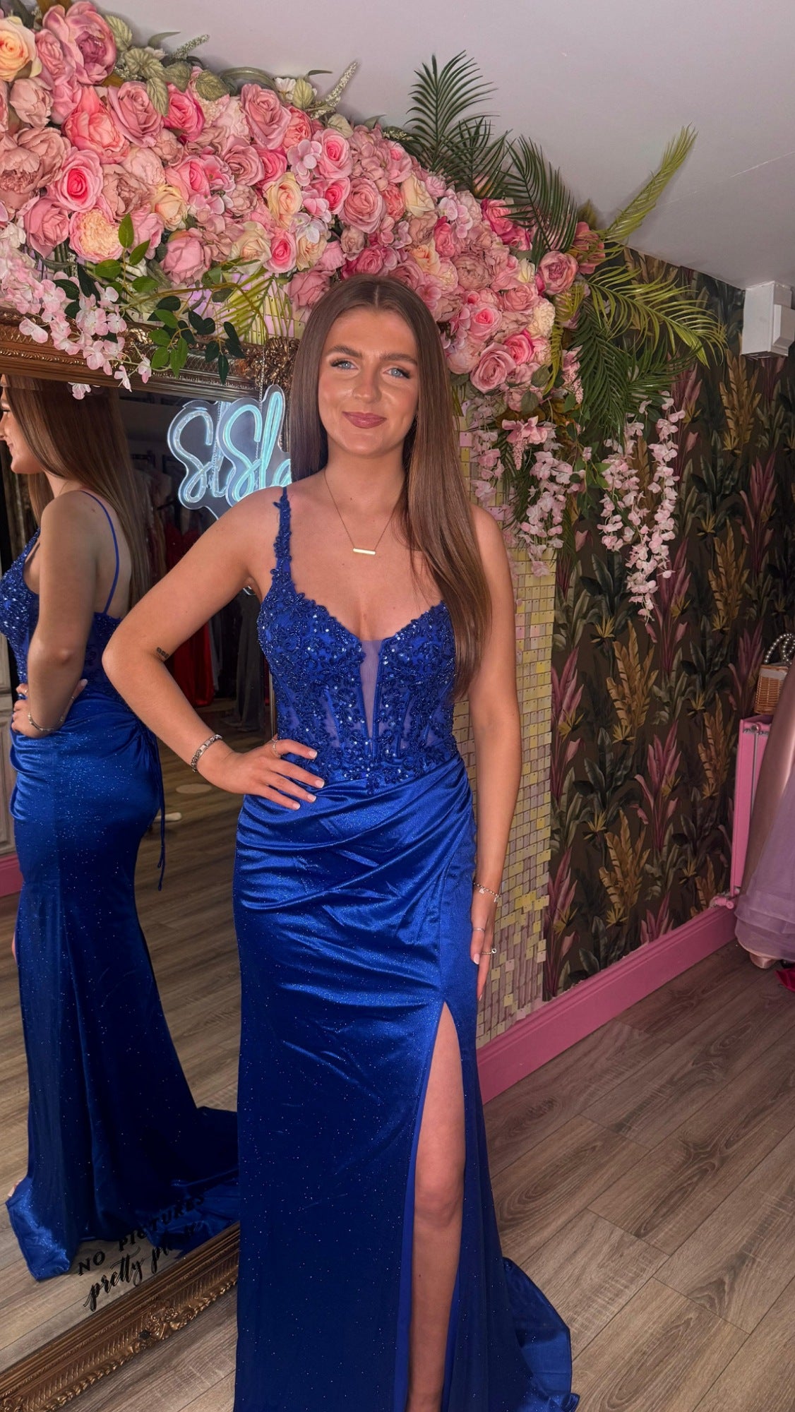 Paige Blue Sparkle Leg Split Formal Prom Dress