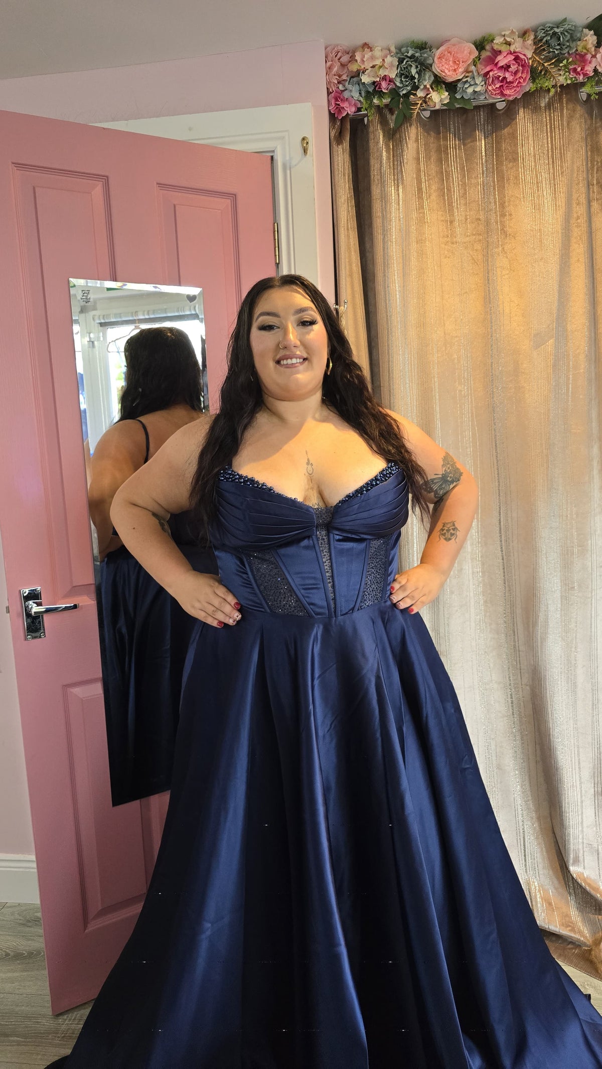 Danielle Navy Satin Corset Style Bodice Ballgown Formal Prom Dress Ball Gown
