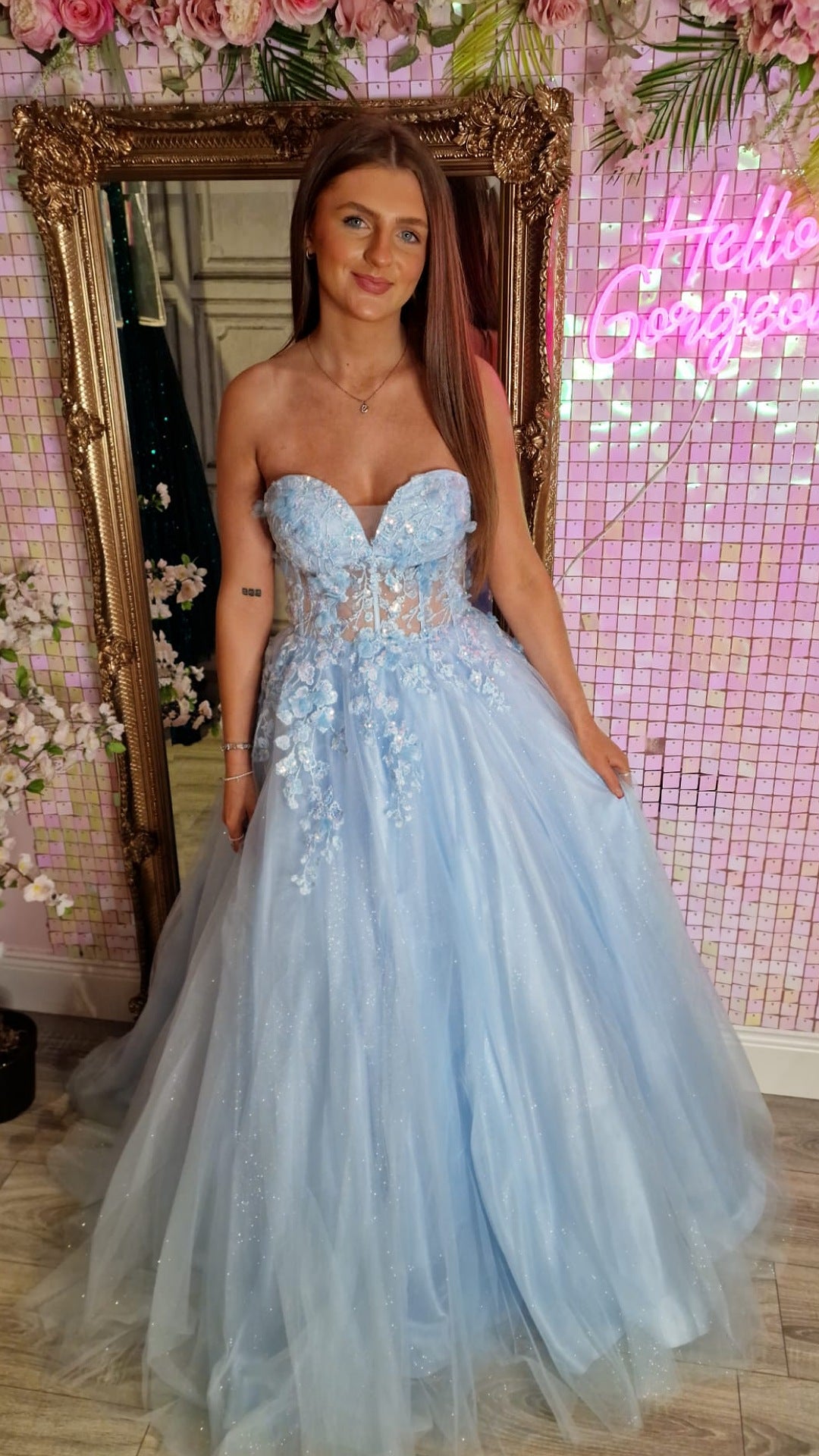Ellen Light Blue Strapless Flower Detail Ball Gown Formal Prom Dress
