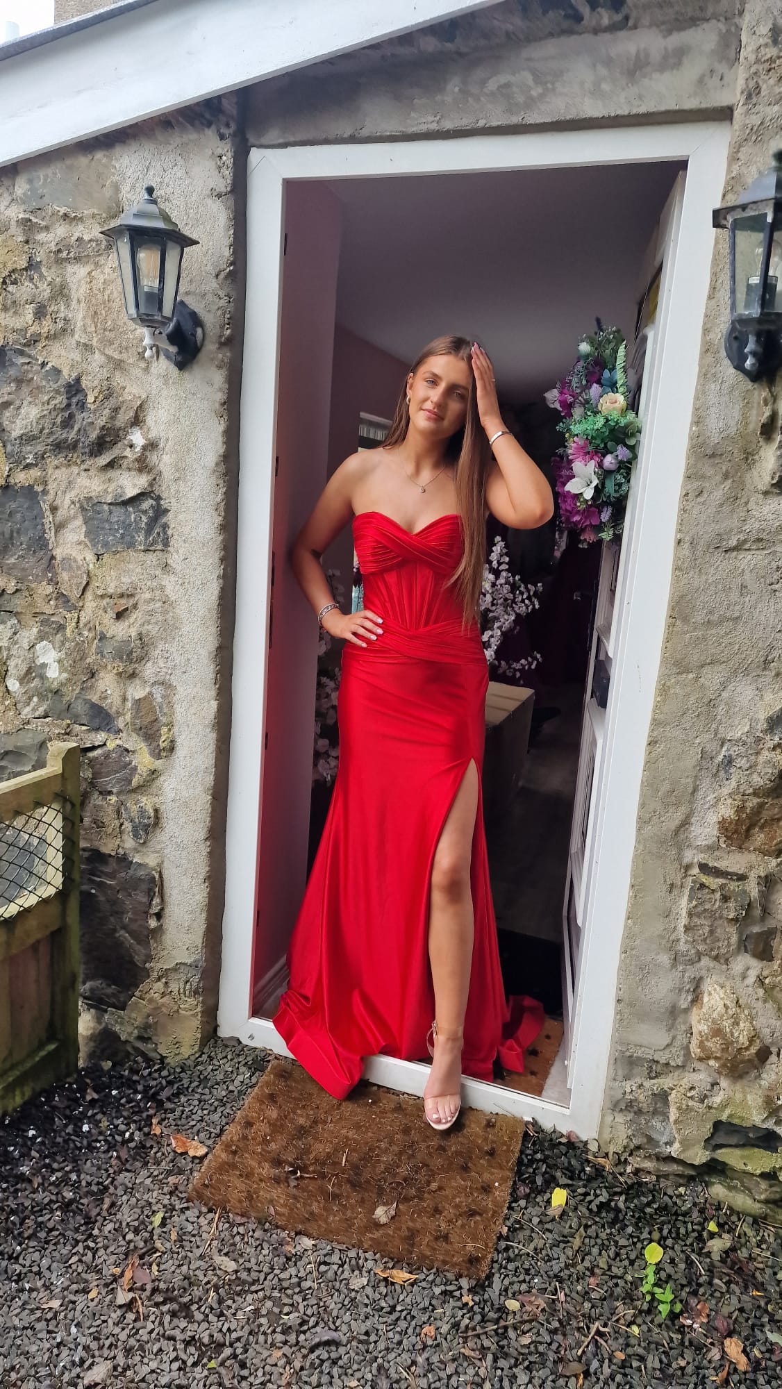 Aisha Red Satin Ruched Corset Strapless Side Legsplit Formal Prom Dress